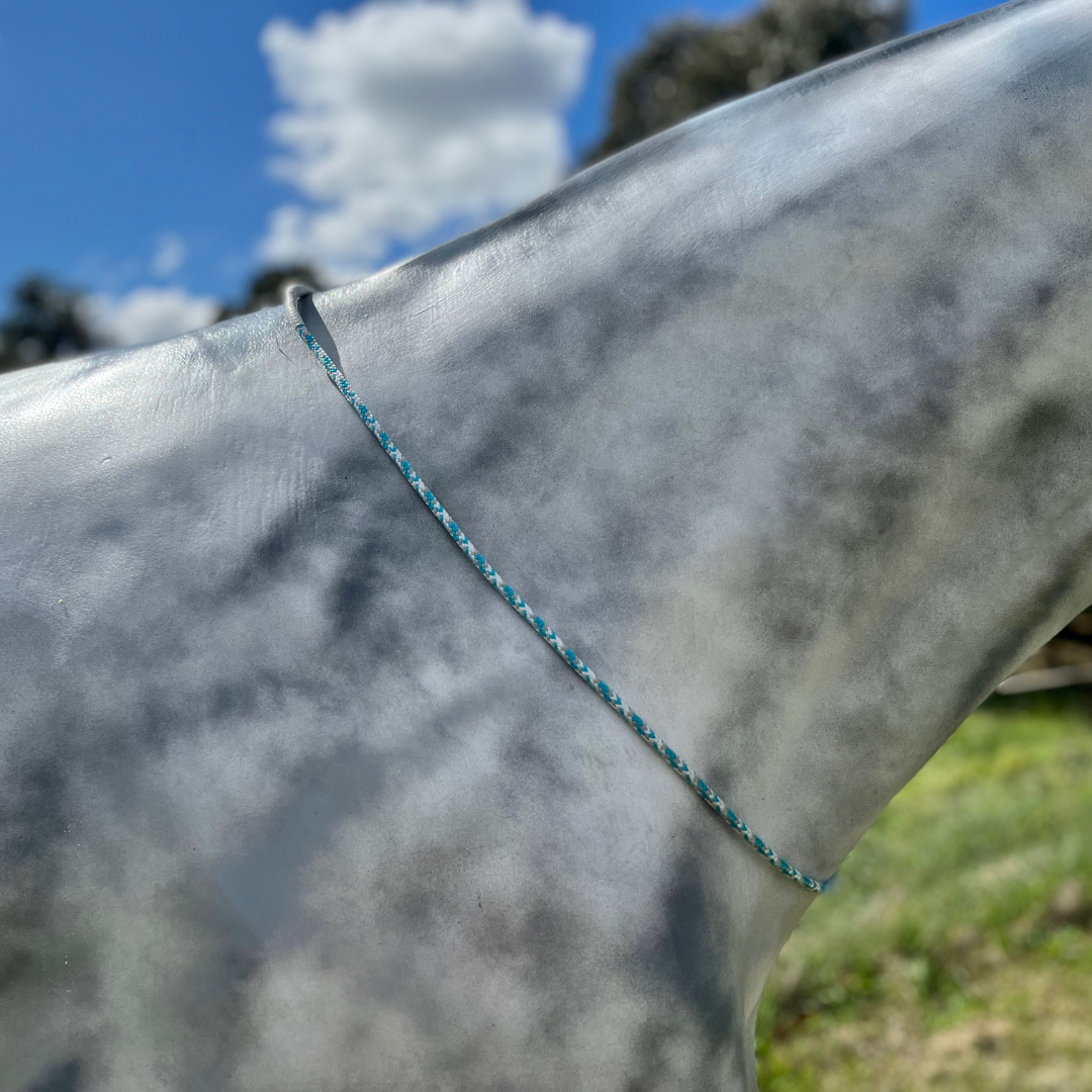 Blue and white neck rope around neck of model horse.