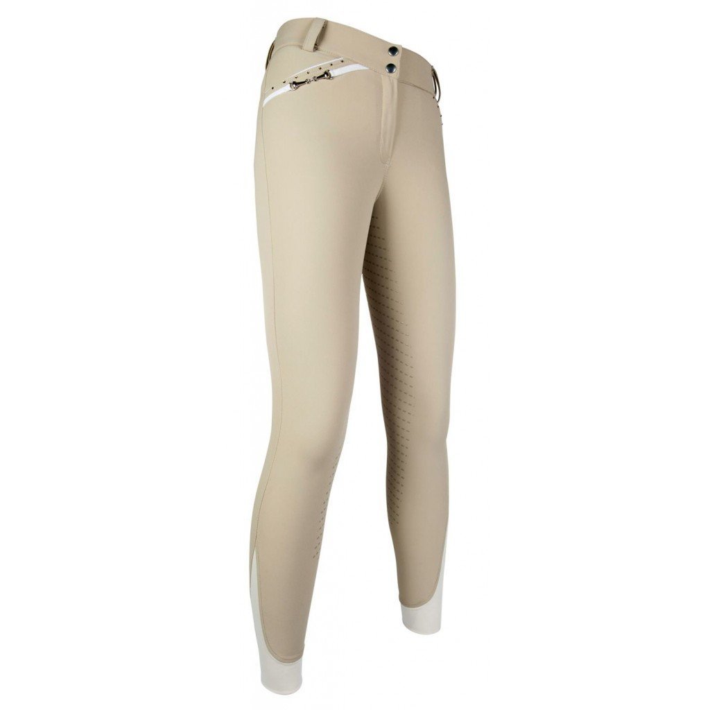 Beige breeches with bit detail, gold sparkle details and two front pockets. 