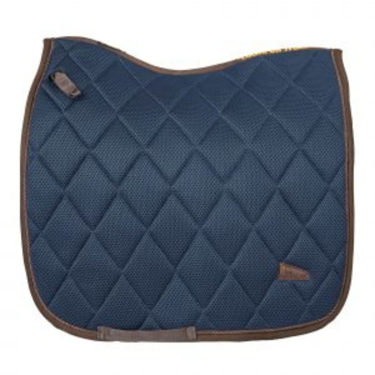 Navy saddle pad with brown trim and high withers cut, including small weltex detailing 