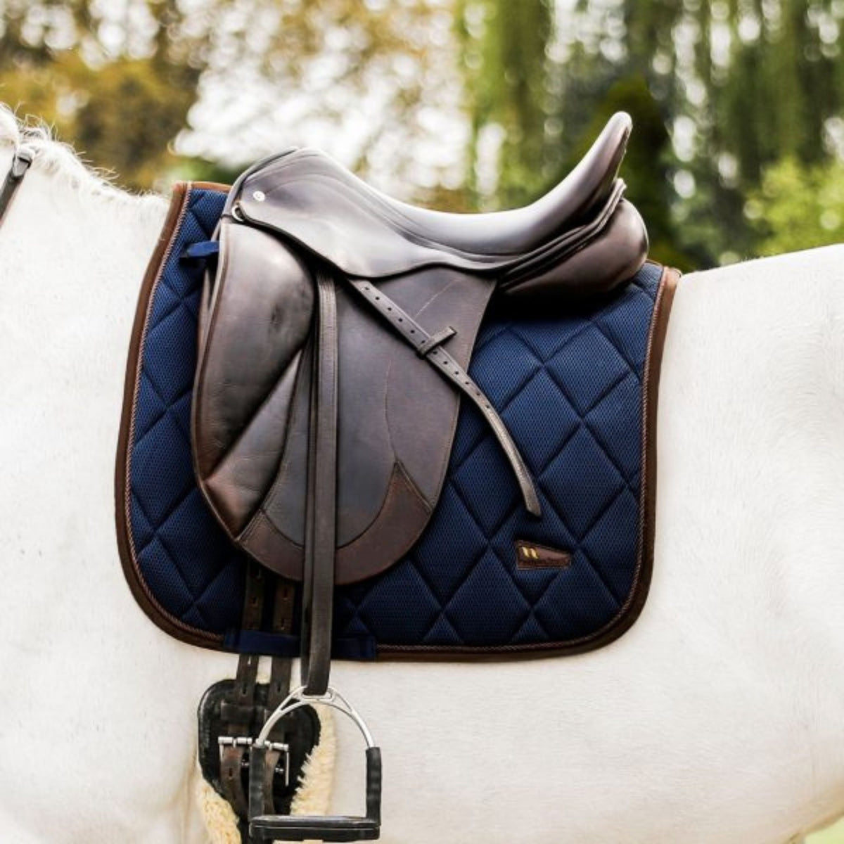 Brown saddle with Navy saddle pad with brown trimming on grey horse.