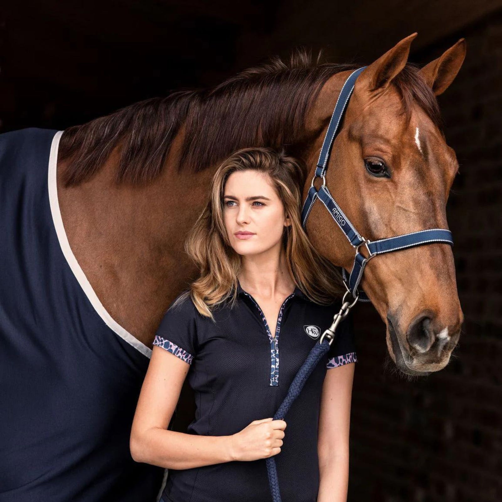 lavender halter, with dark purple and white edging with silver hardware on a grey pony with a matching fleece cooler rug.
