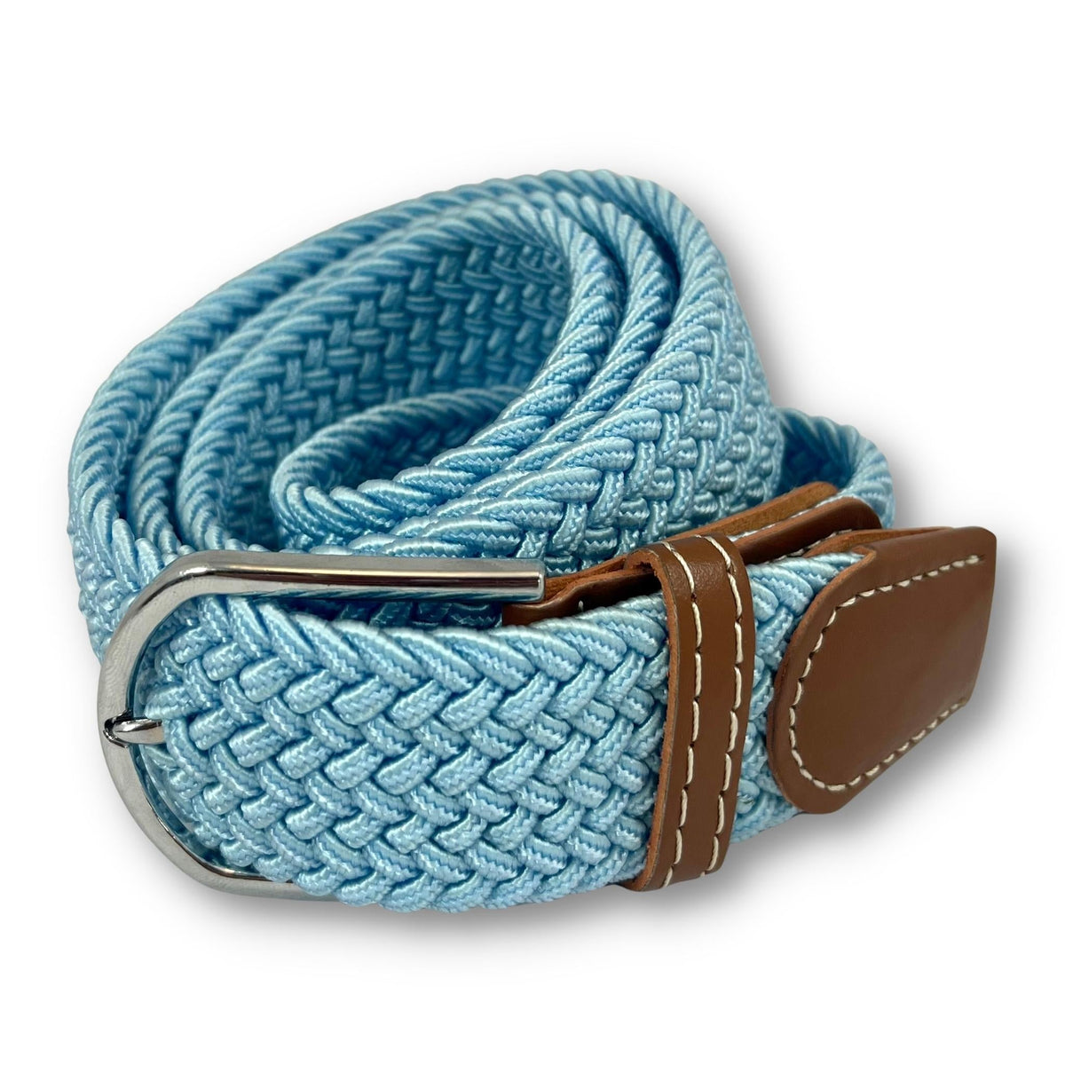 Curled up aqua elastic belt with silver buckle and brown leather ends.