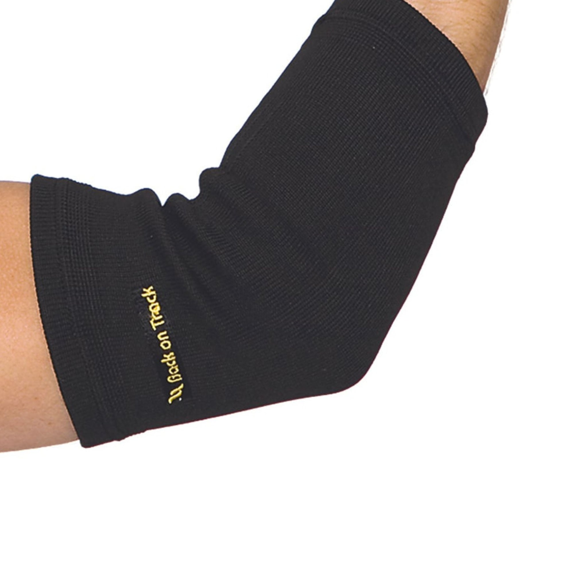 black slip on elbow brace with gold embroidered logo on the side. 