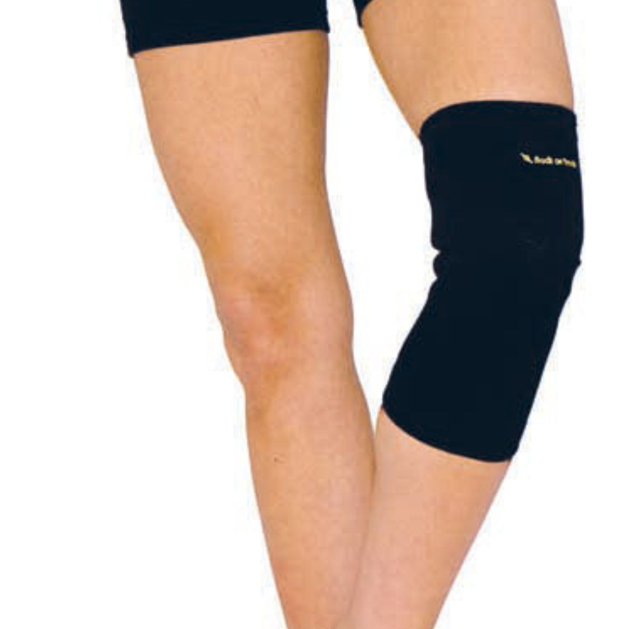 Black slip on knee brace with a gold embroidered logo.