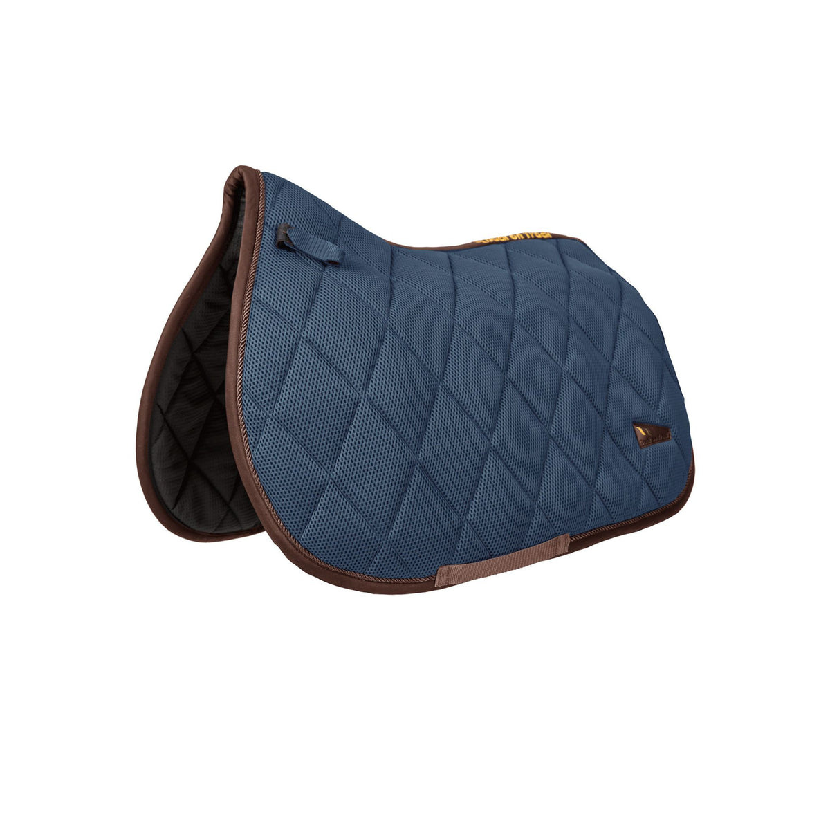 Navy blue saddle pad with brown ascents and Velcro attachments.