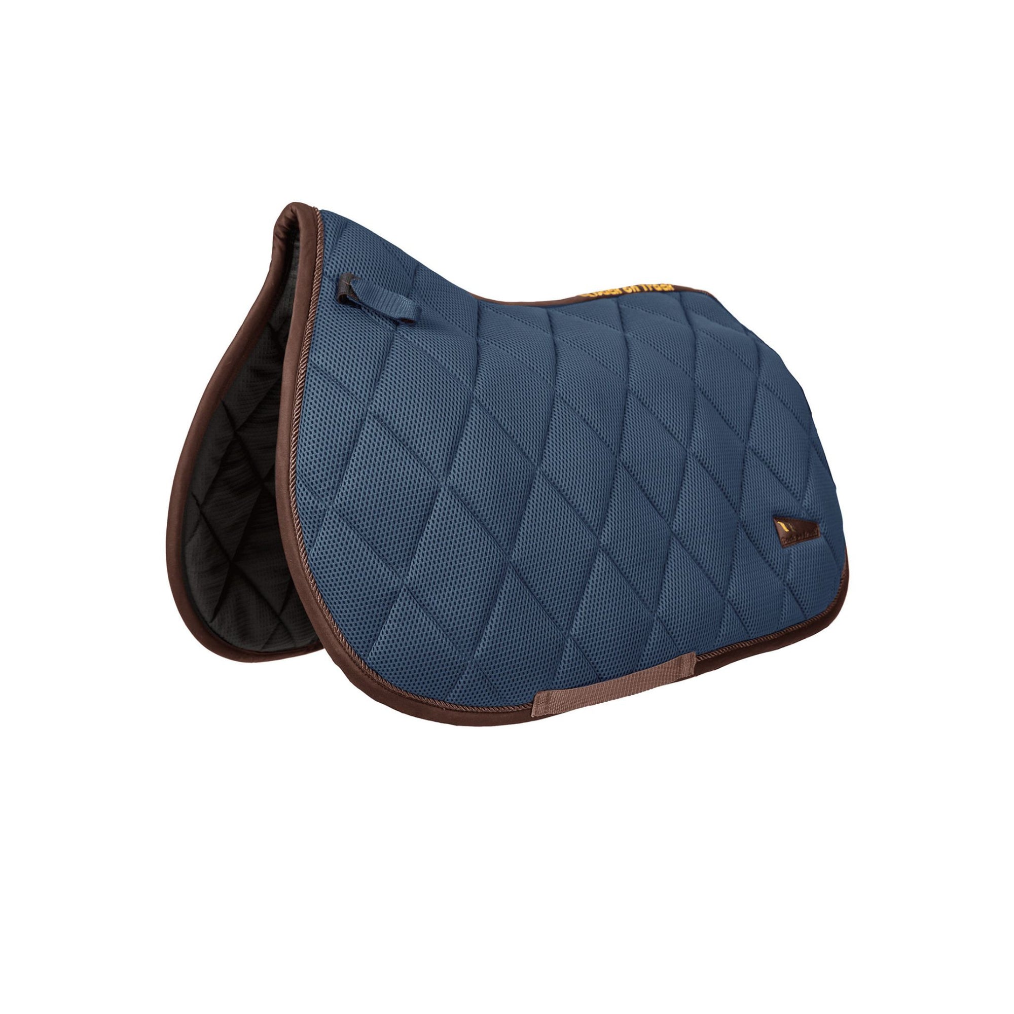 Navy saddle pad with brown accents, with saddle. 