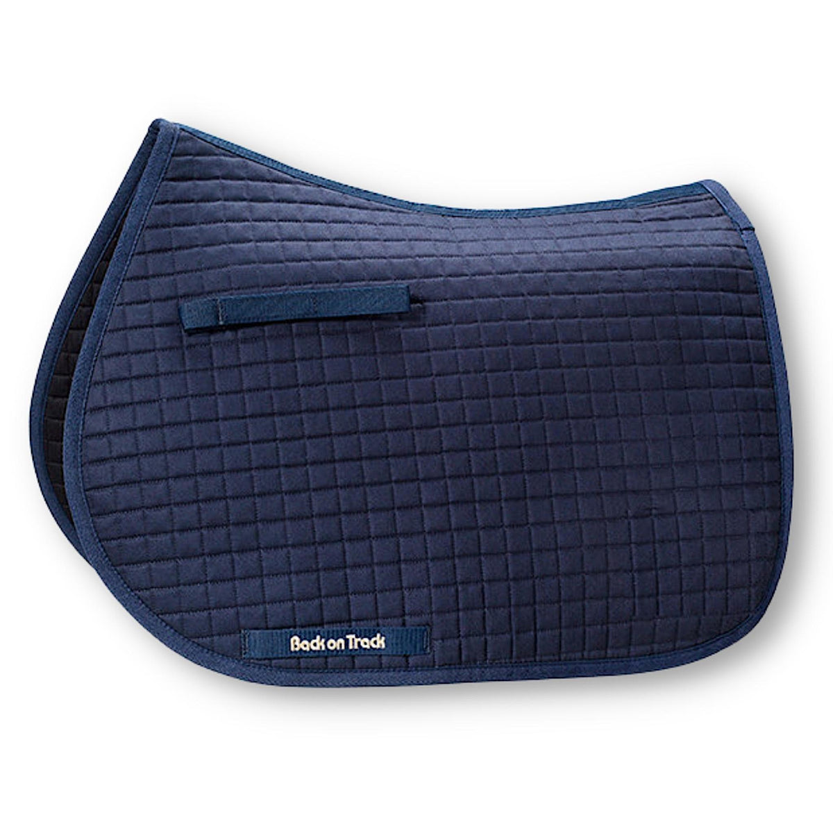 Navy saddle pad with keepers in all purpose shape.