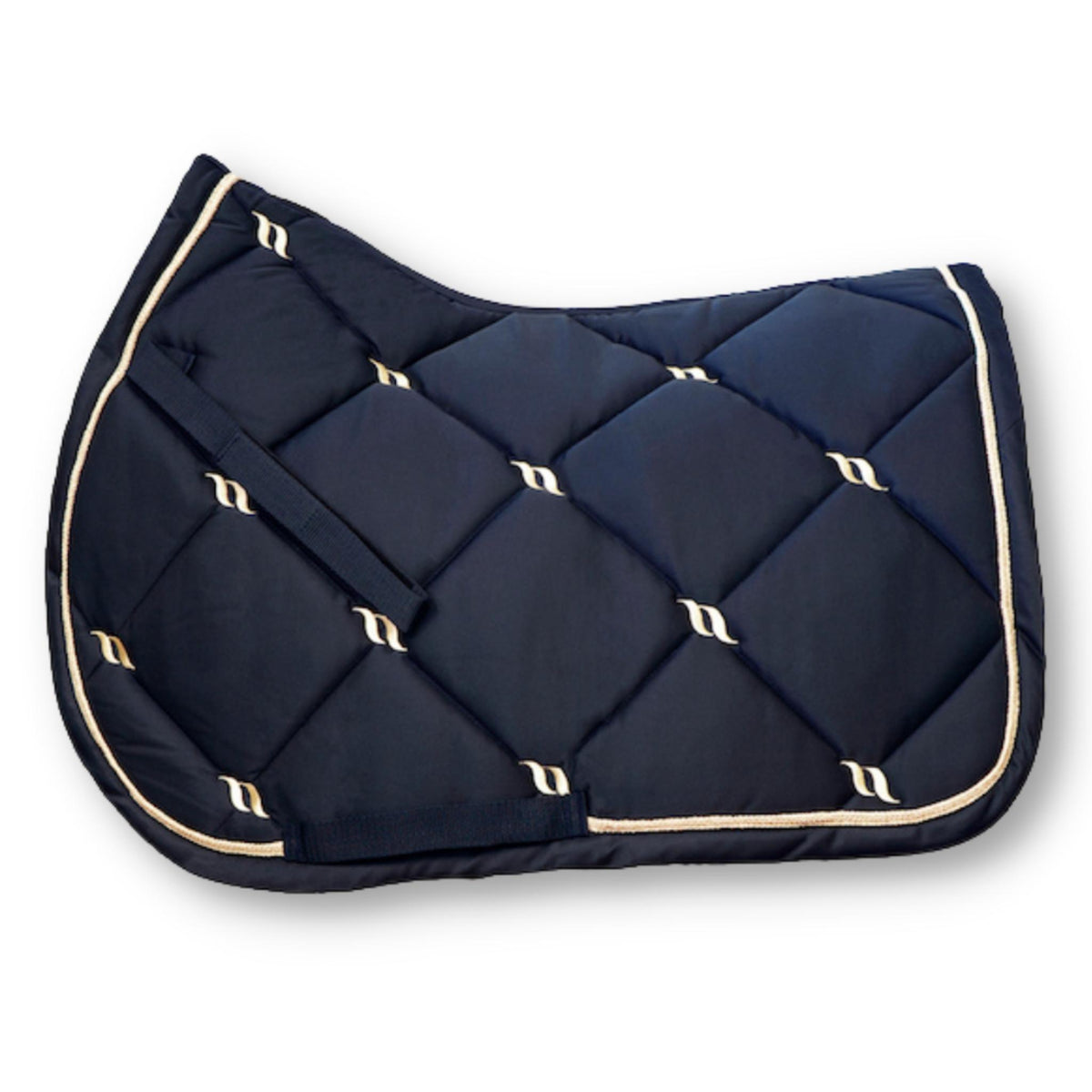 Navy saddle pad with satin finish and subtle gold details including trim.