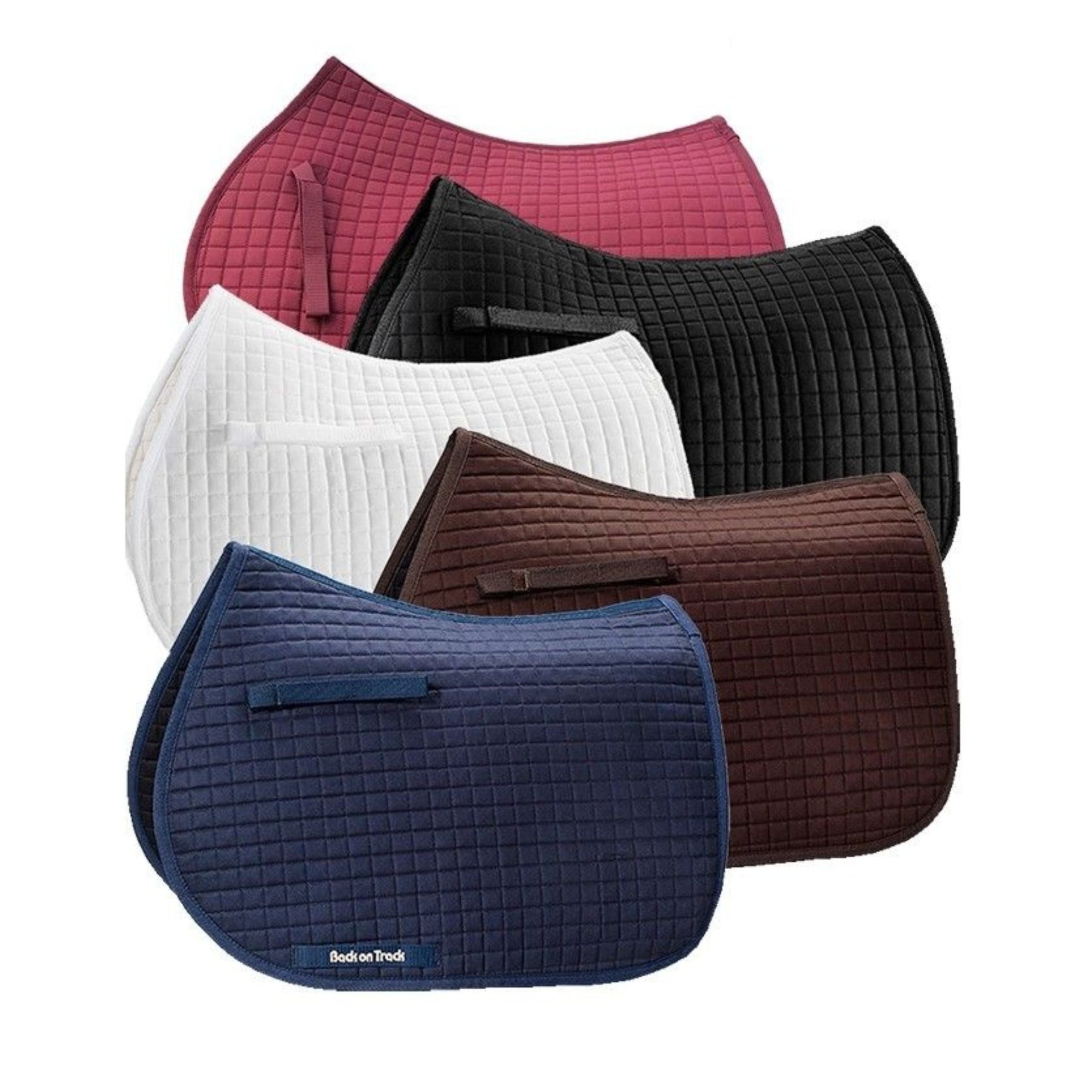 Burgundy, navy, black and white saddle pads with Velcro straps.