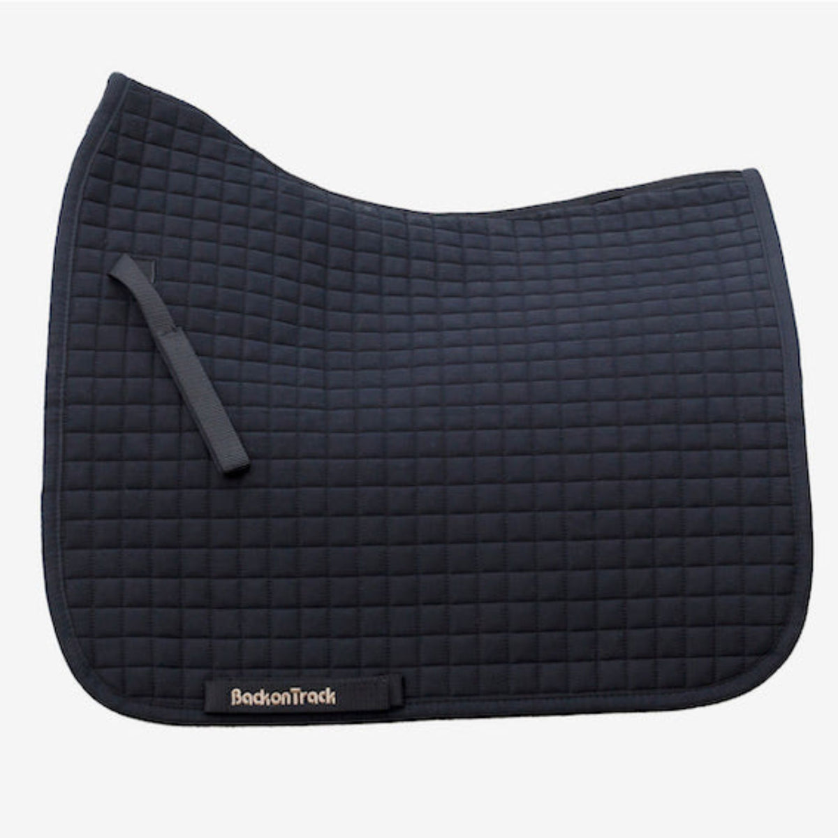 Black dressage saddle pad with velcro tabs.
