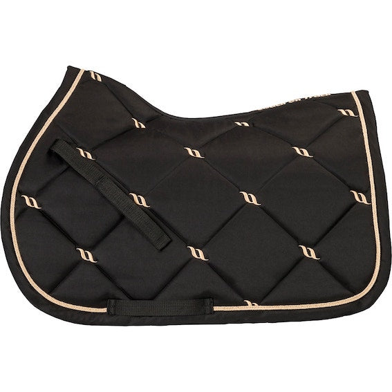 Navy saddle pad with satin finish and subtle gold details including trim.