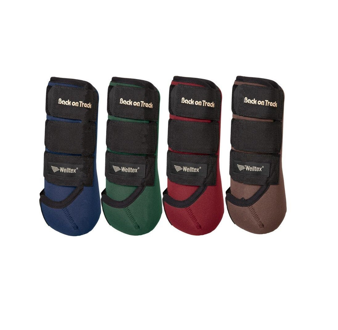 Navy, Green, Red and Brown exercise boots with black trim.