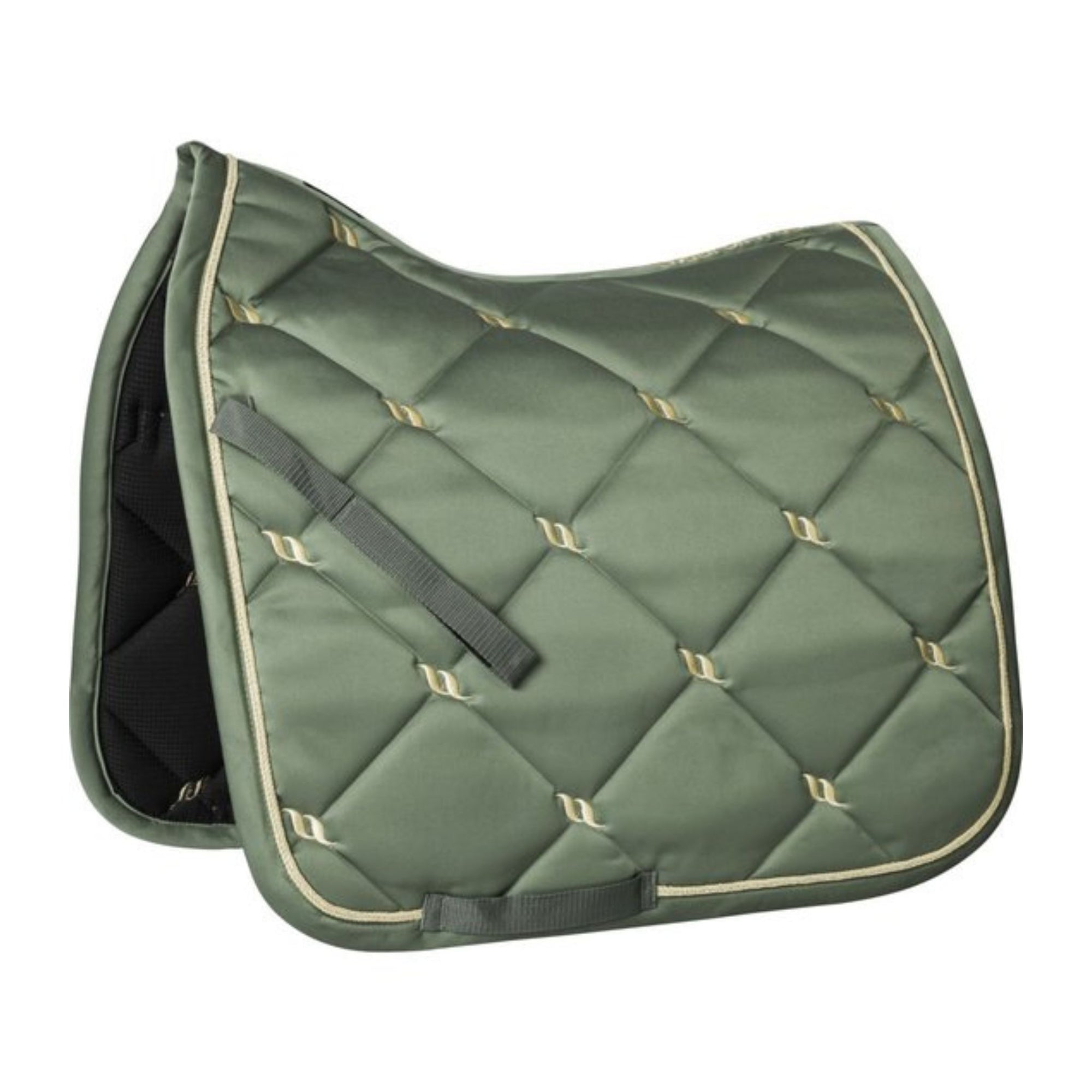 Dressage saddle pad with satin finish and gold details in olive.