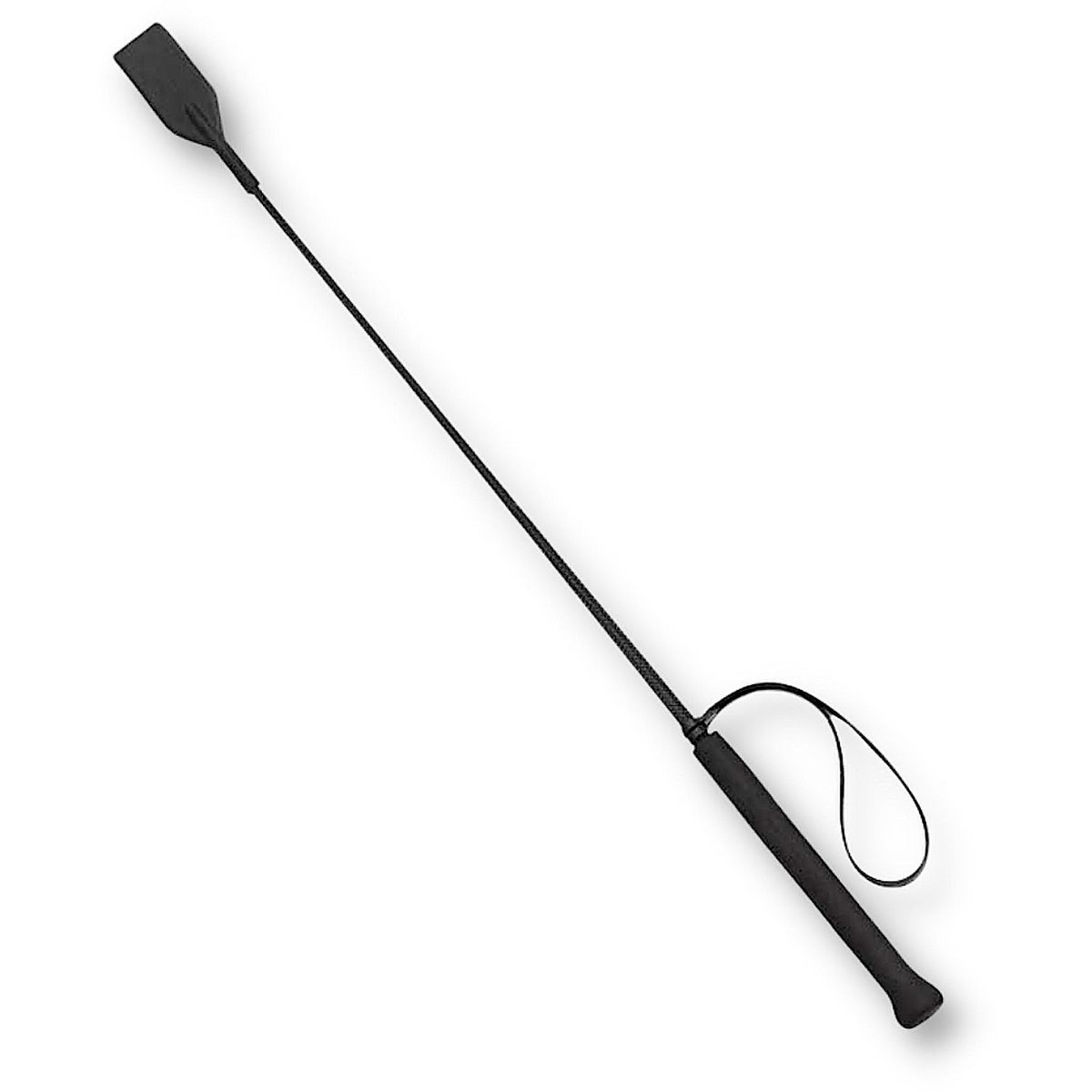 Black riding crop with foam handle, hand loop, braided shaft, rubber flapper.