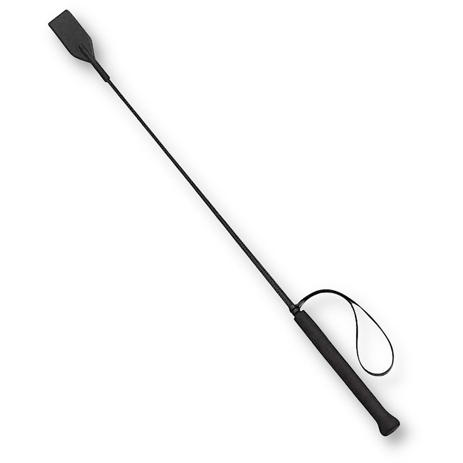 Black riding crop with foam handle, hand loop, braided shaft, rubber flapper.