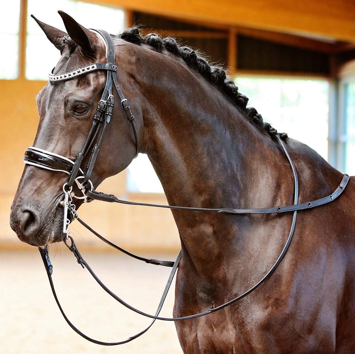Black leather bridle with rolled cheek pieces and soft leather reins.