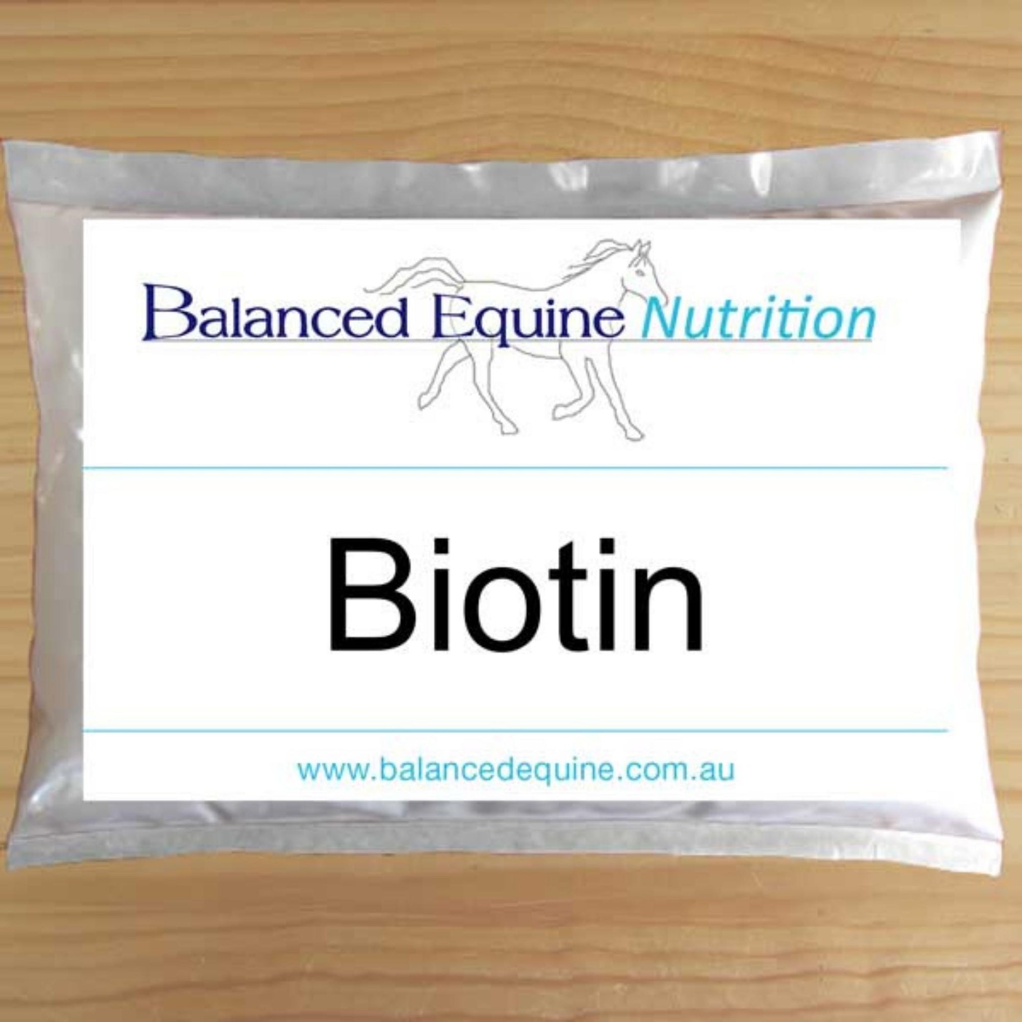 Packet of Biotin, with label stating "Balanced Equine Nutrition - Biotin".