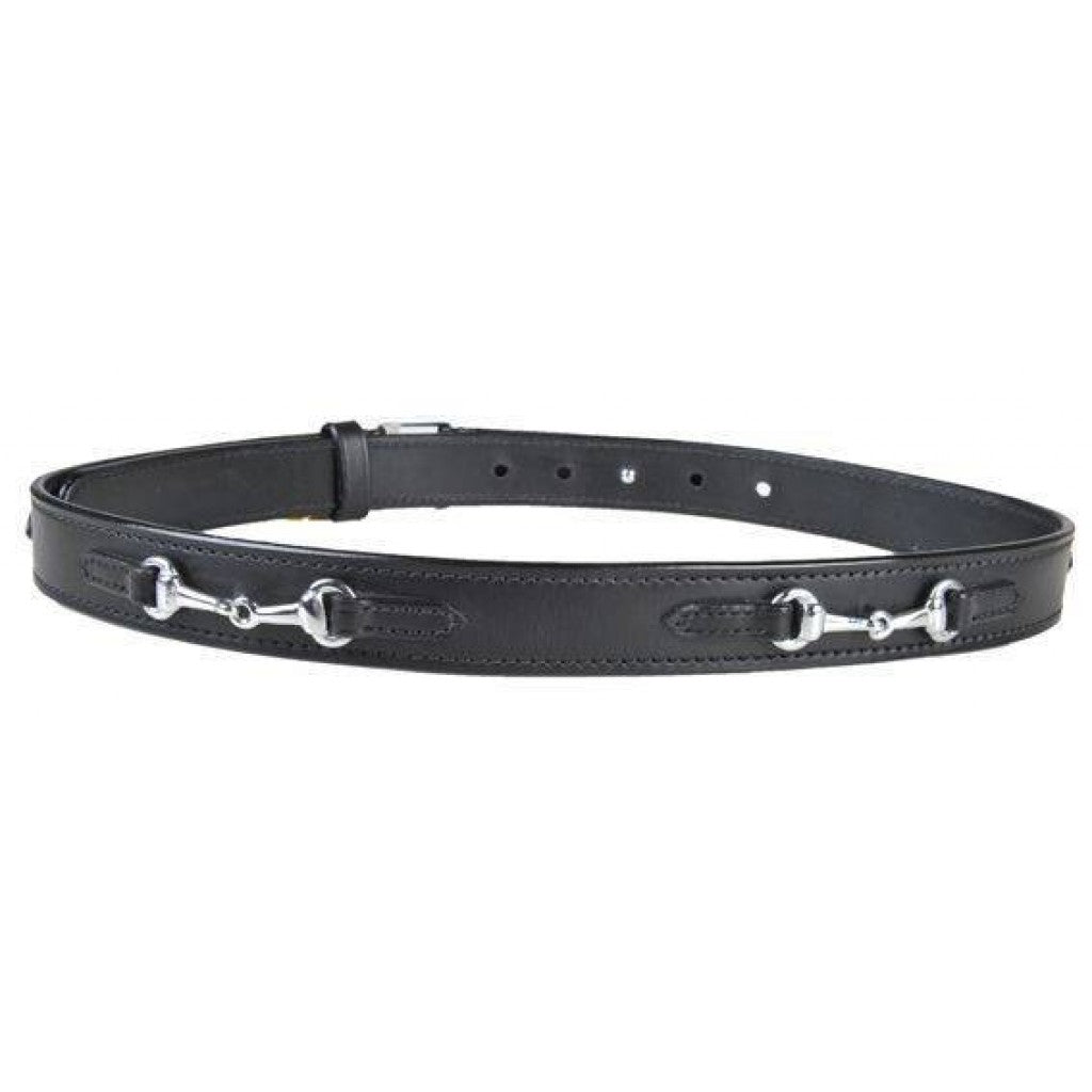 Black leather belt with silver horse bit details and black threading.
