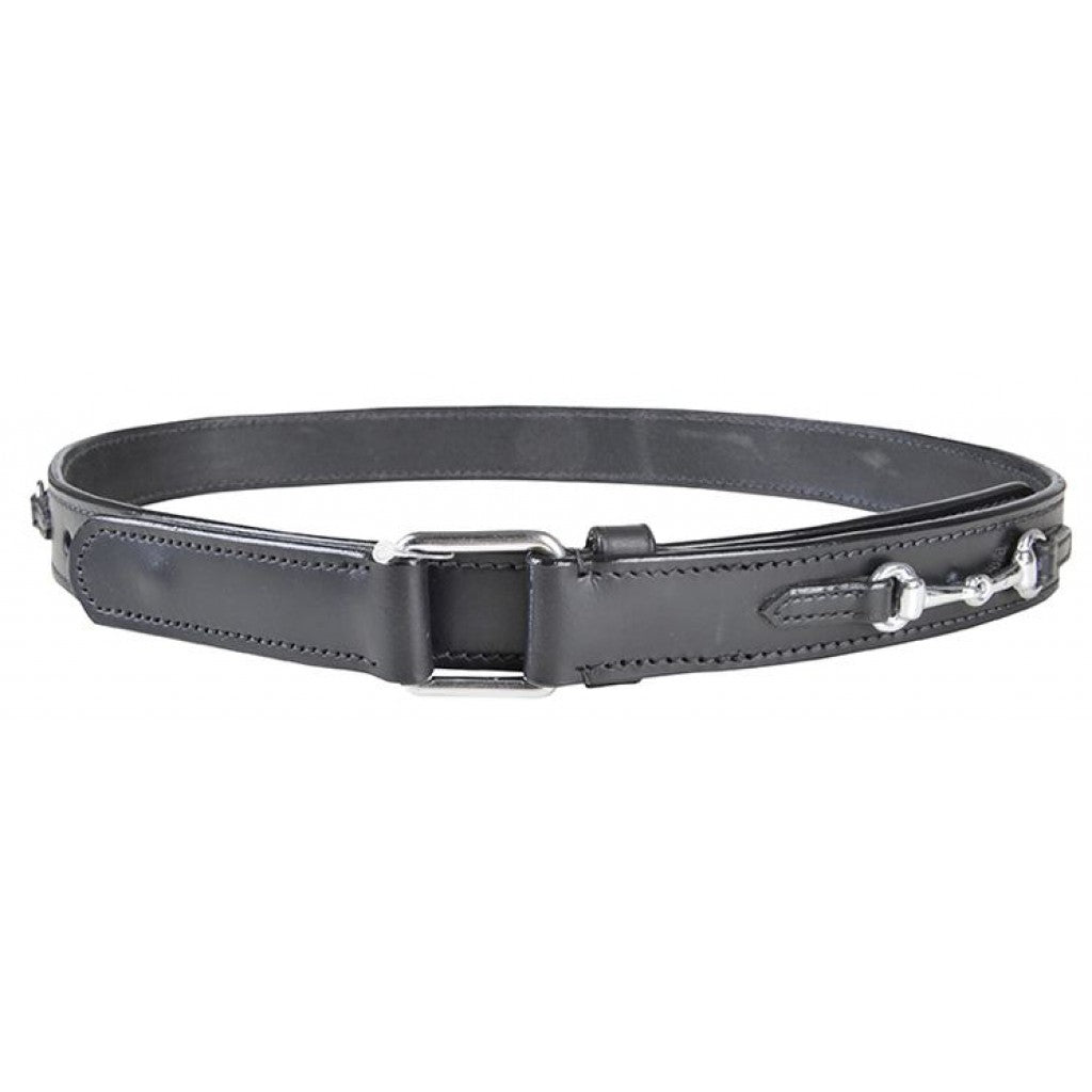 Black leather belt with silver horse bit and square silver buckle.