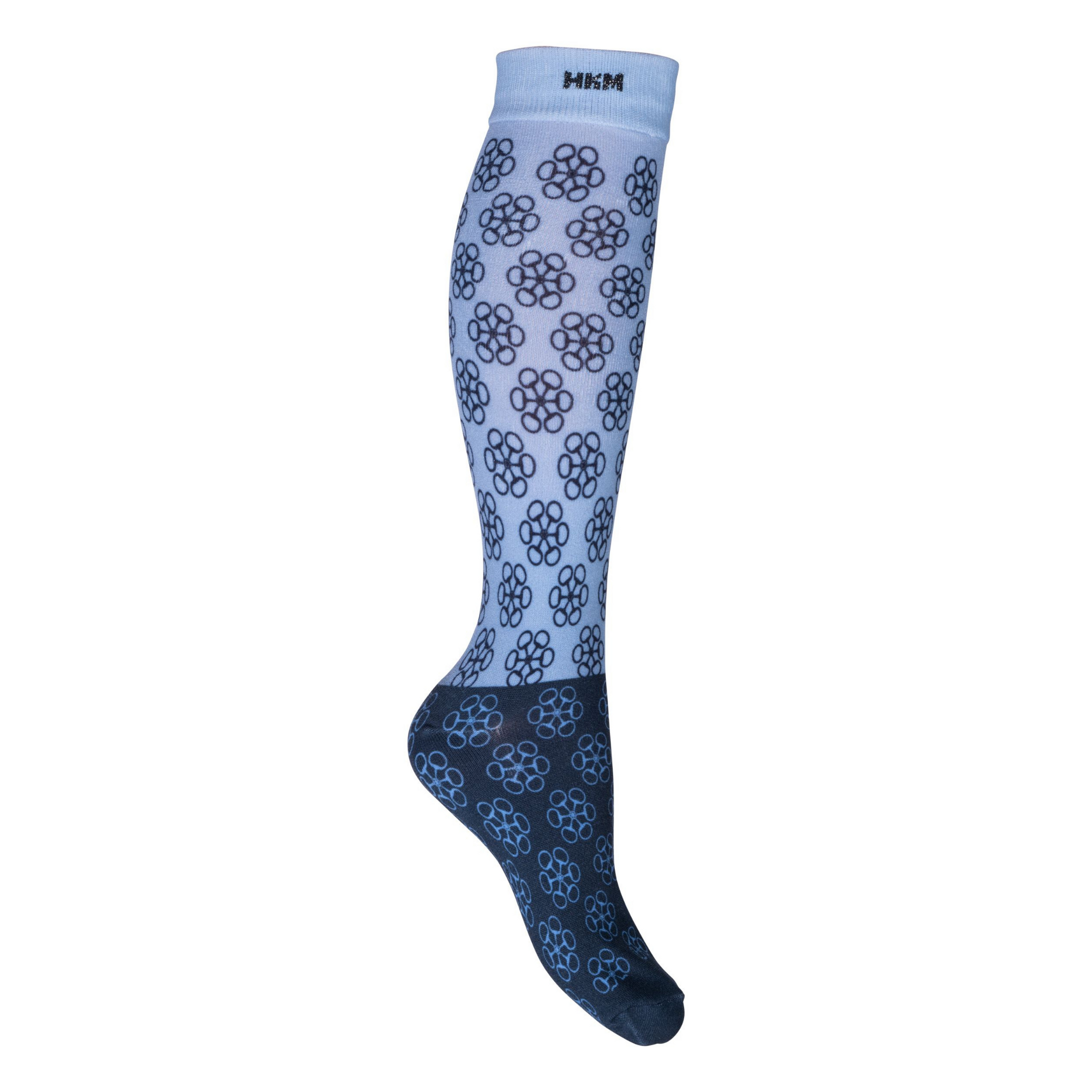 light blue and dark blue socks with bit pattern