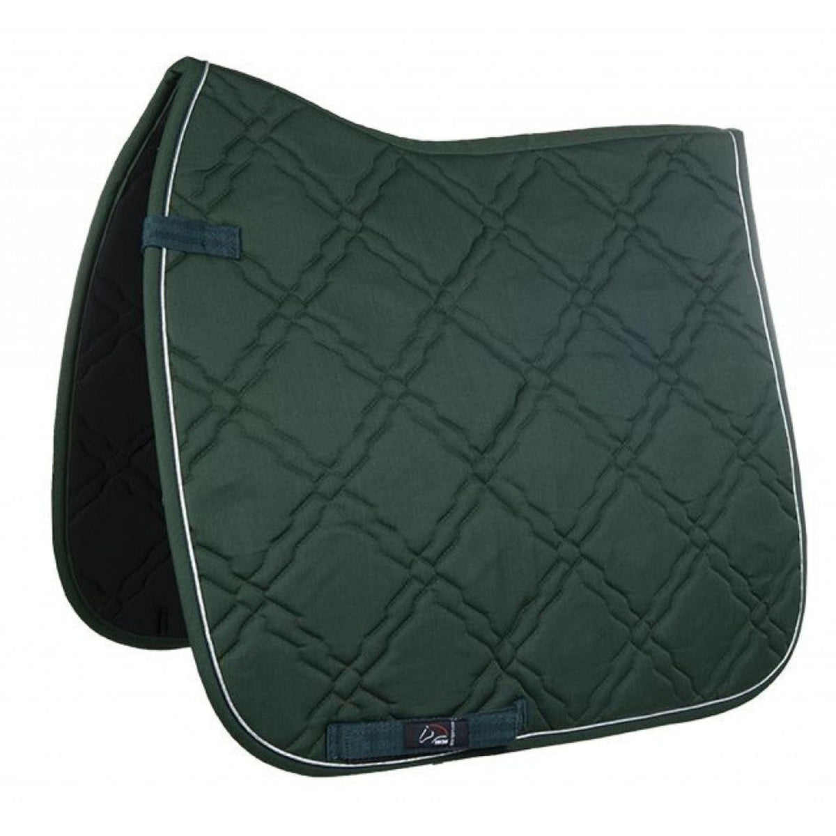 Green saddle pad with white trim and velcro tab at top.