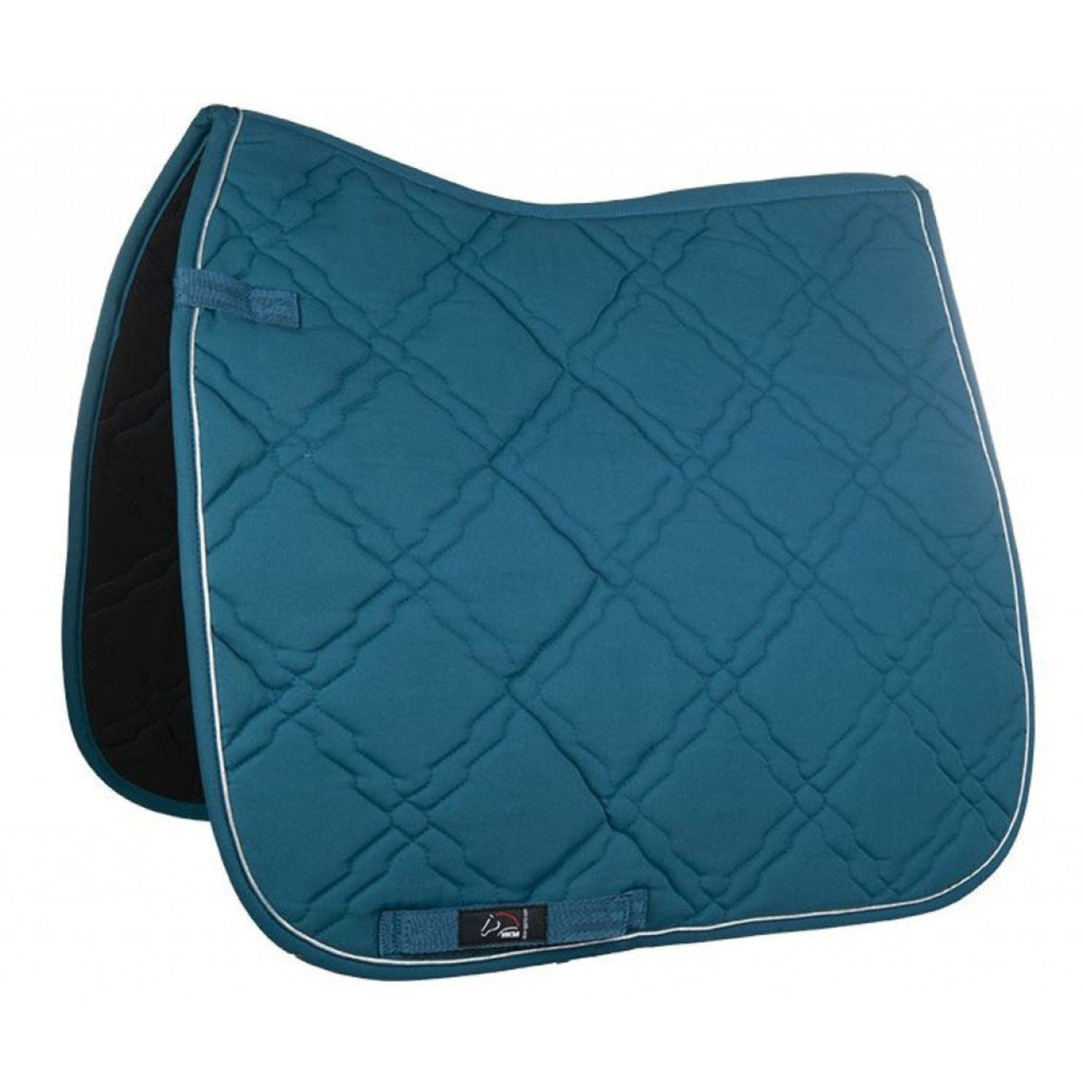 Teal saddle pad with white trim and velcro tab at top.