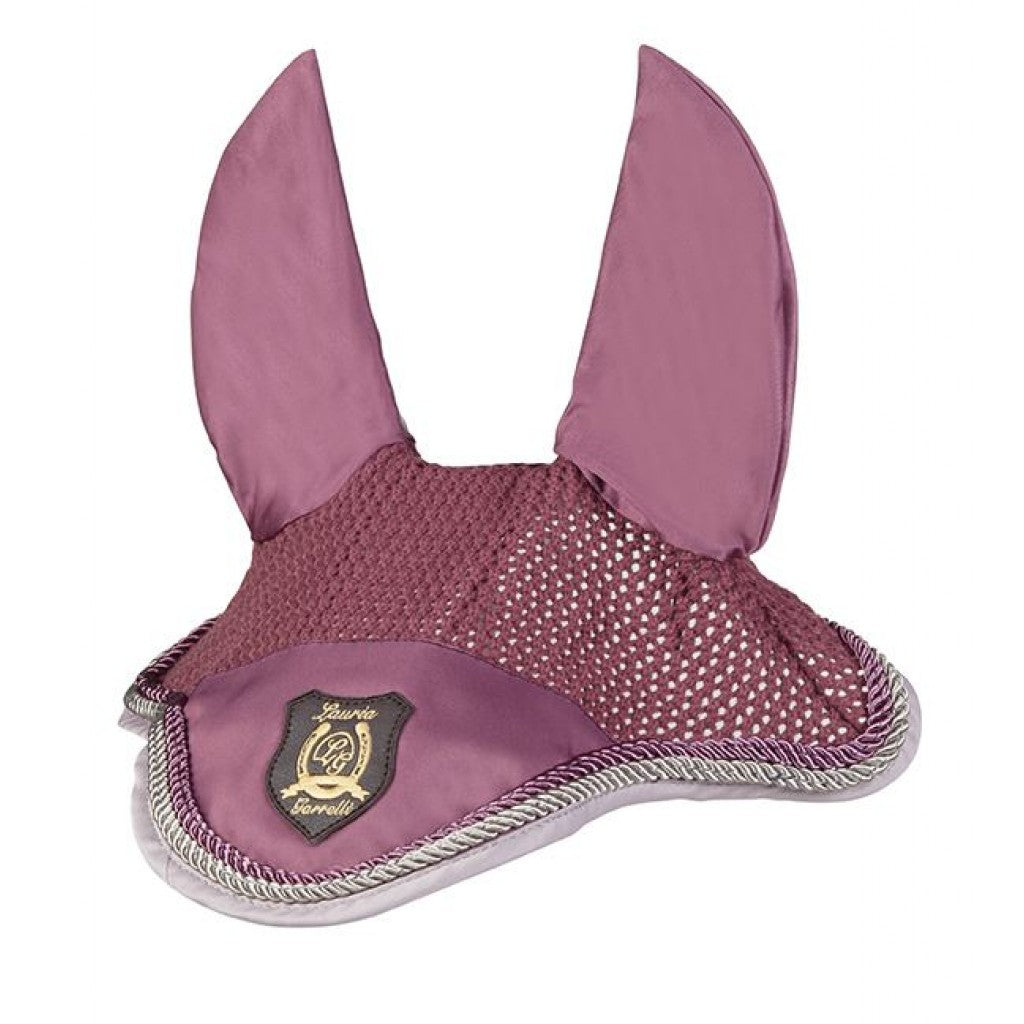 Purplish-pink horse ear bonnet with pink and grey trim and brown logo.