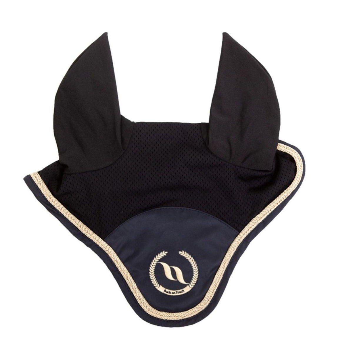 Black bonnet with navy accents. Complemented with a gold logo and rope trimming.  