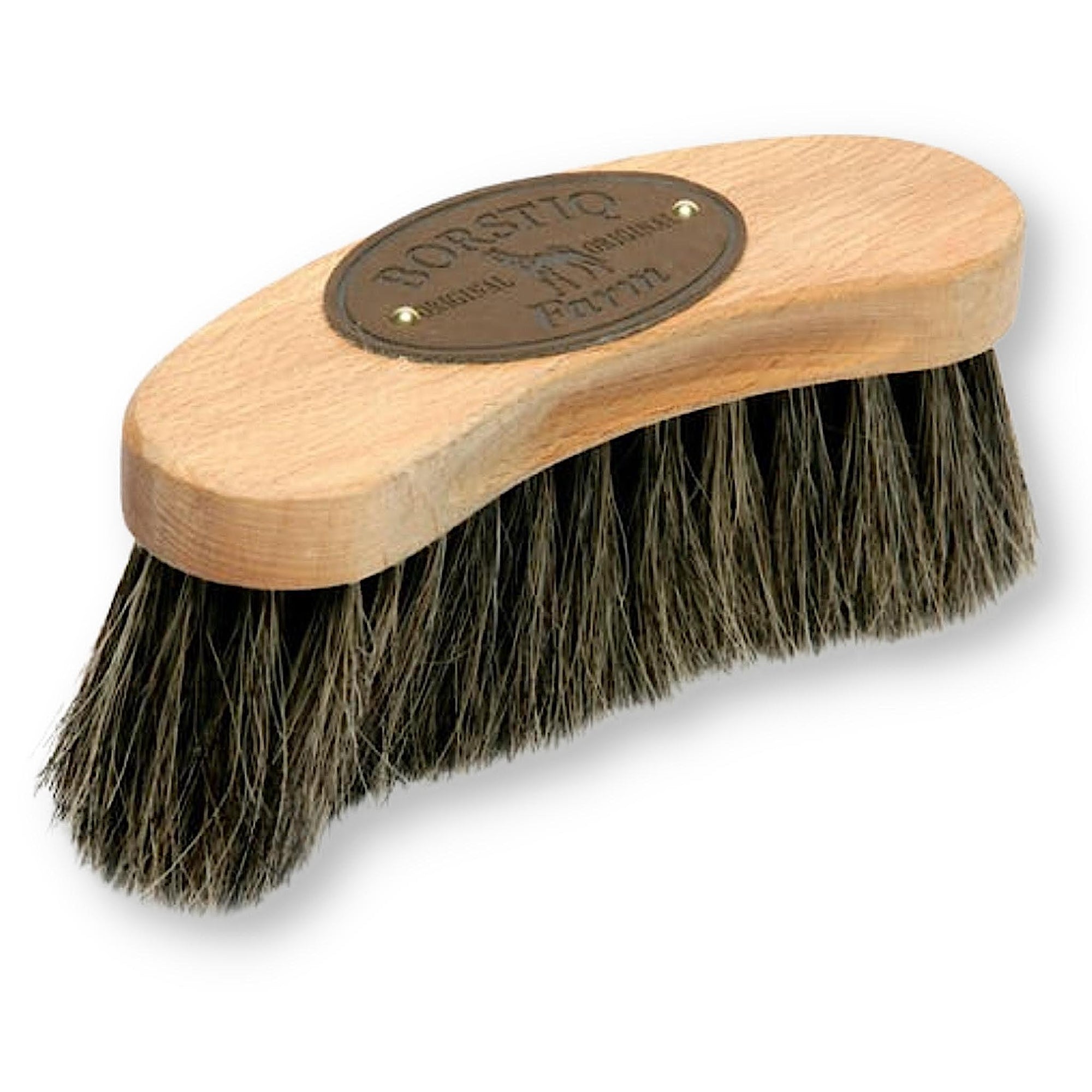 Curved brush with wooden handle and brown soft bristles. 