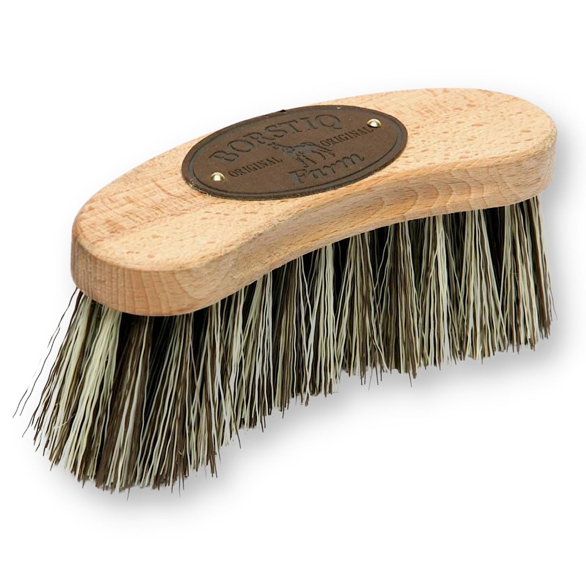 wooden curved brush with a leather logo and white and brown bristles. 