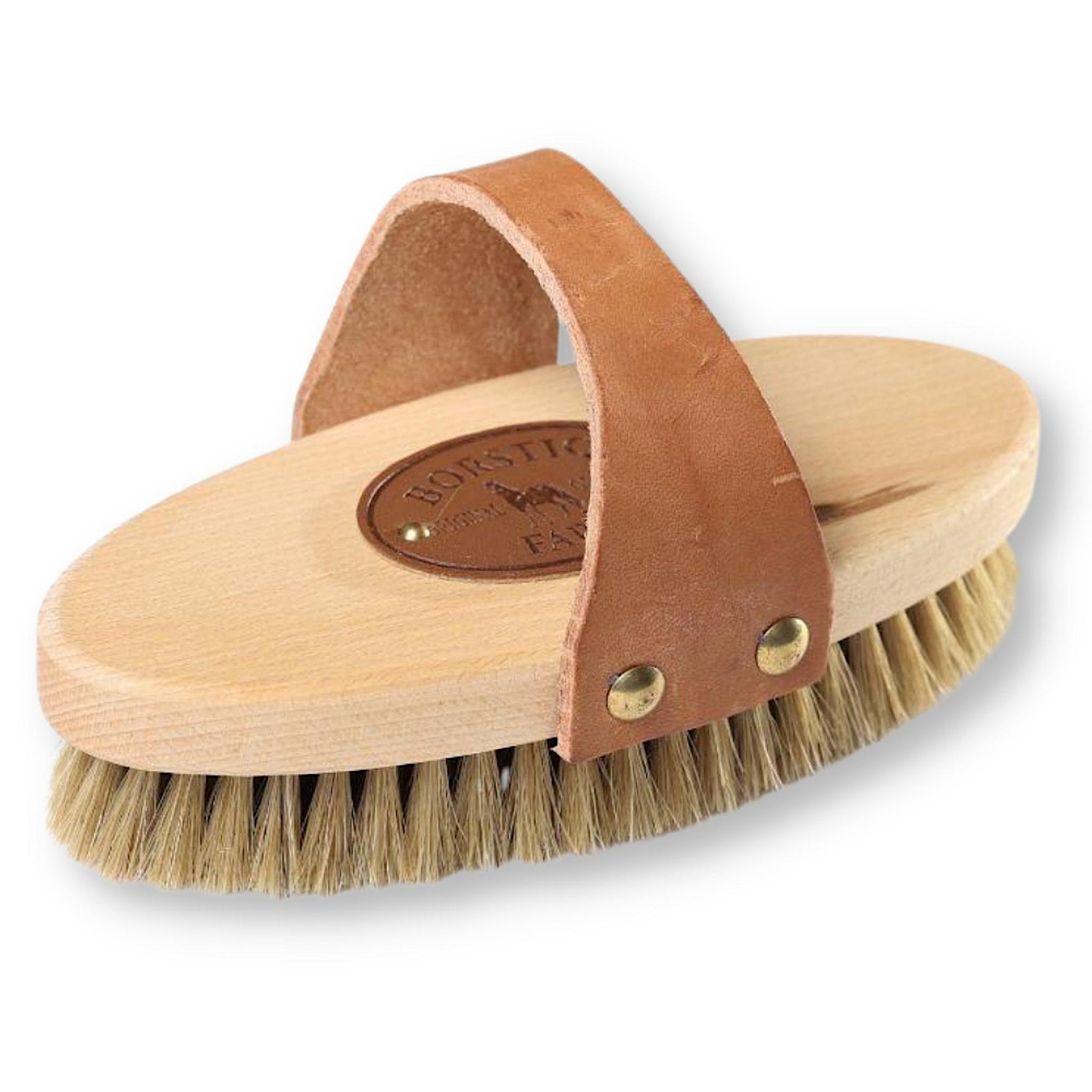 Wooden oval body brush with leather handle and  short soft bristles.