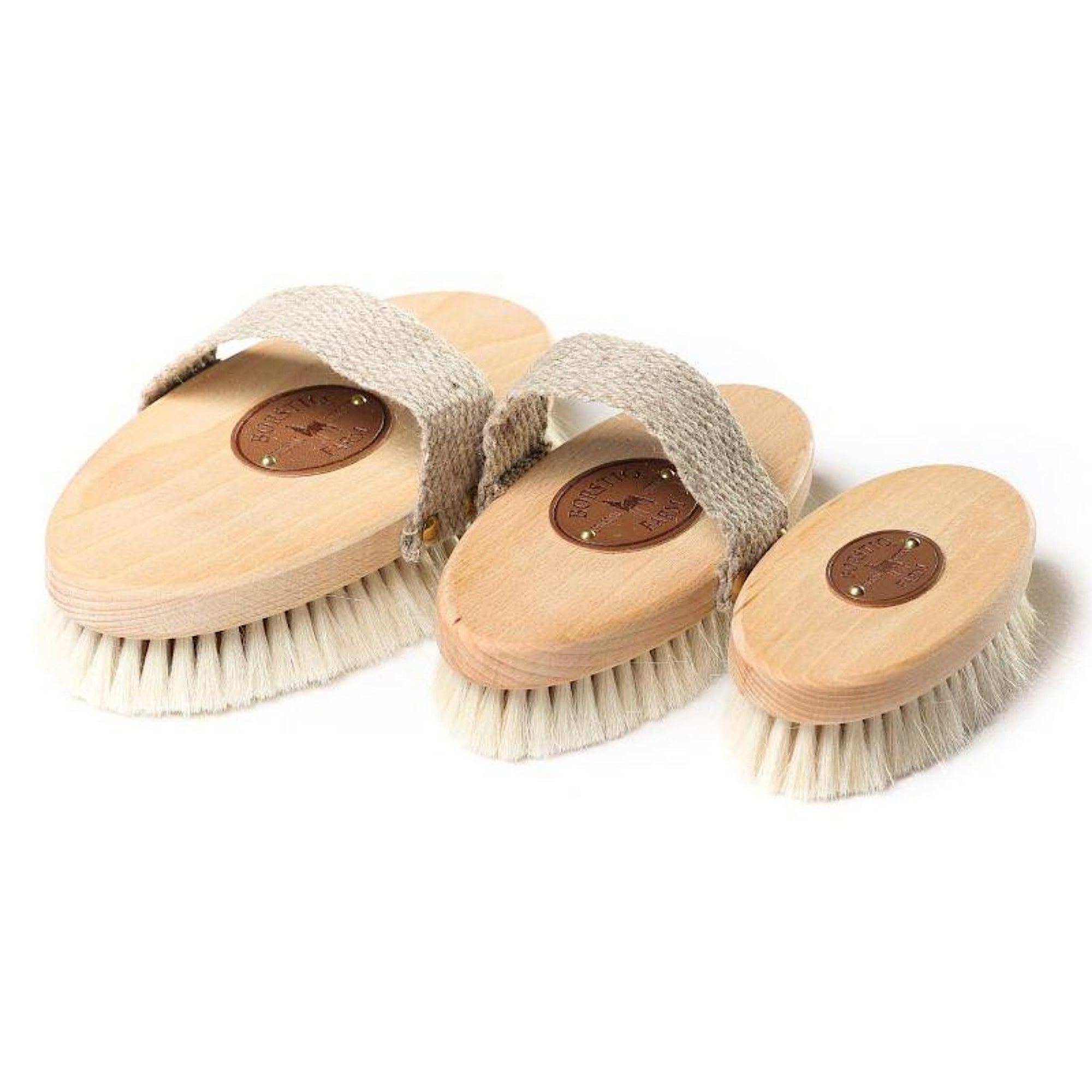 Oval shaped wooden brushes with soft short bristles.