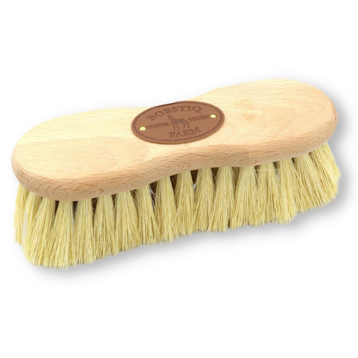 Brush with a slight hourglass shaped wooden handle, and long beige bristles. 