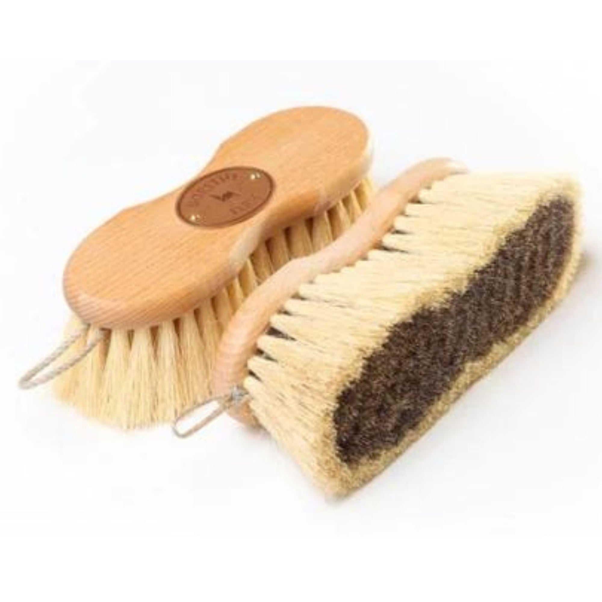 Wooden brush with a slight hourglass shaped handle, with white and brown bristles.