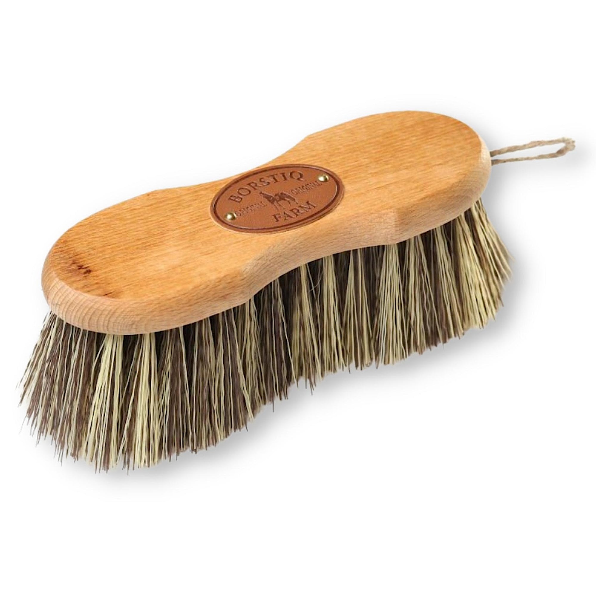 Brush with slight hourglass shaped wooden handle, with long  brown and beige bristles. 