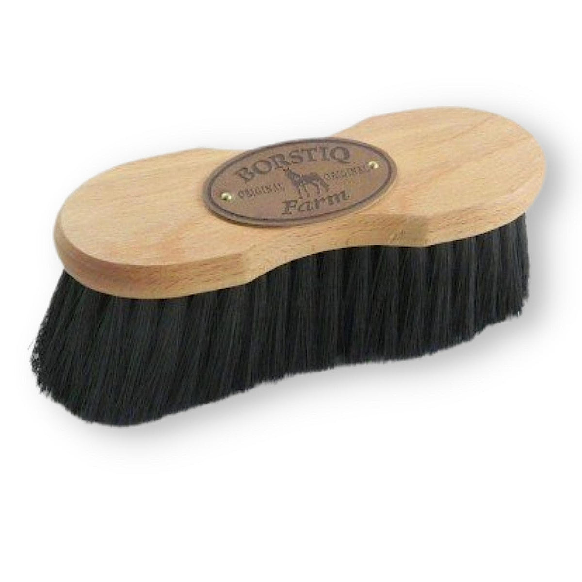 Wooden brush with slight hourglass shaped handle, and long soft bristles. 