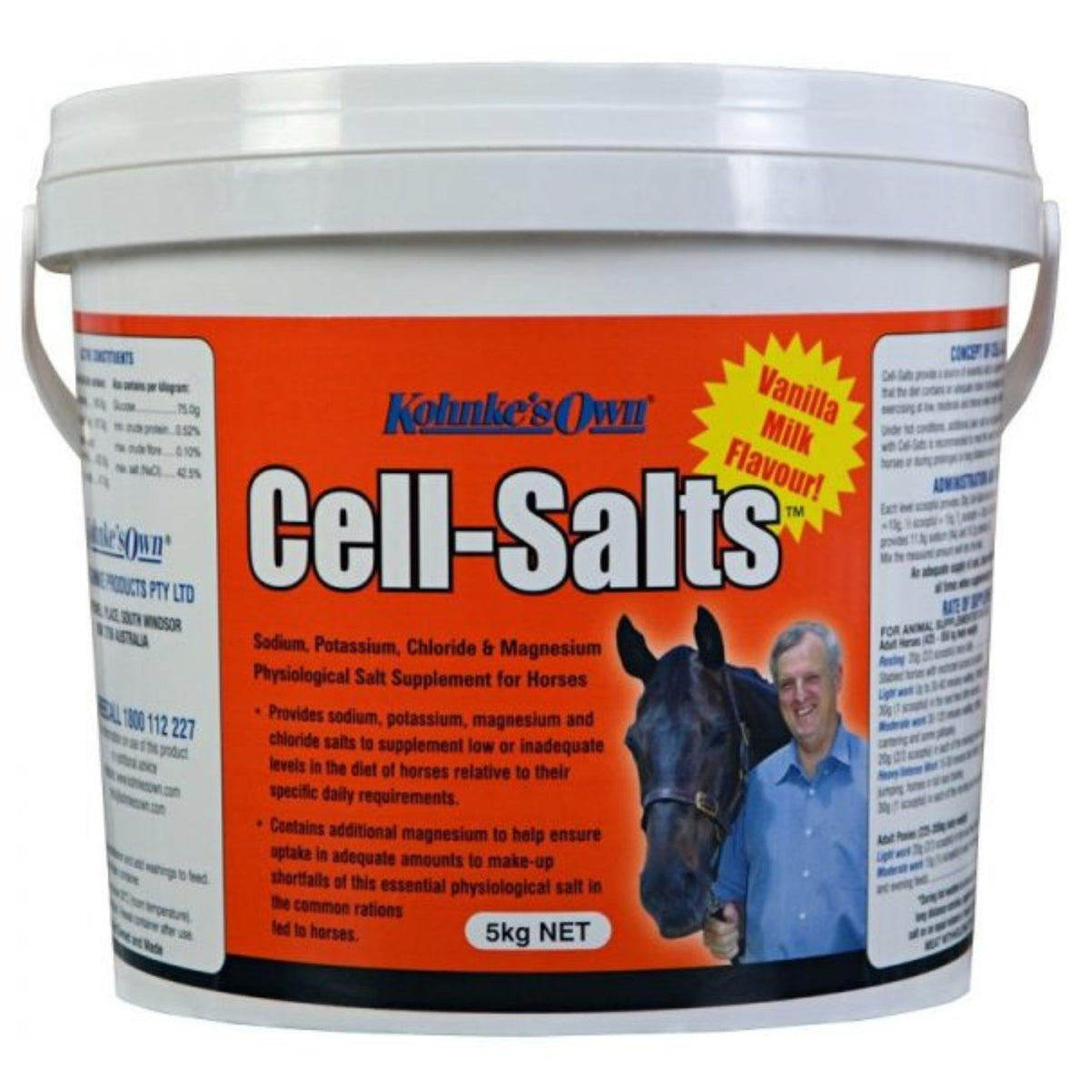 White bucket of product with orange label, images, handle and text.