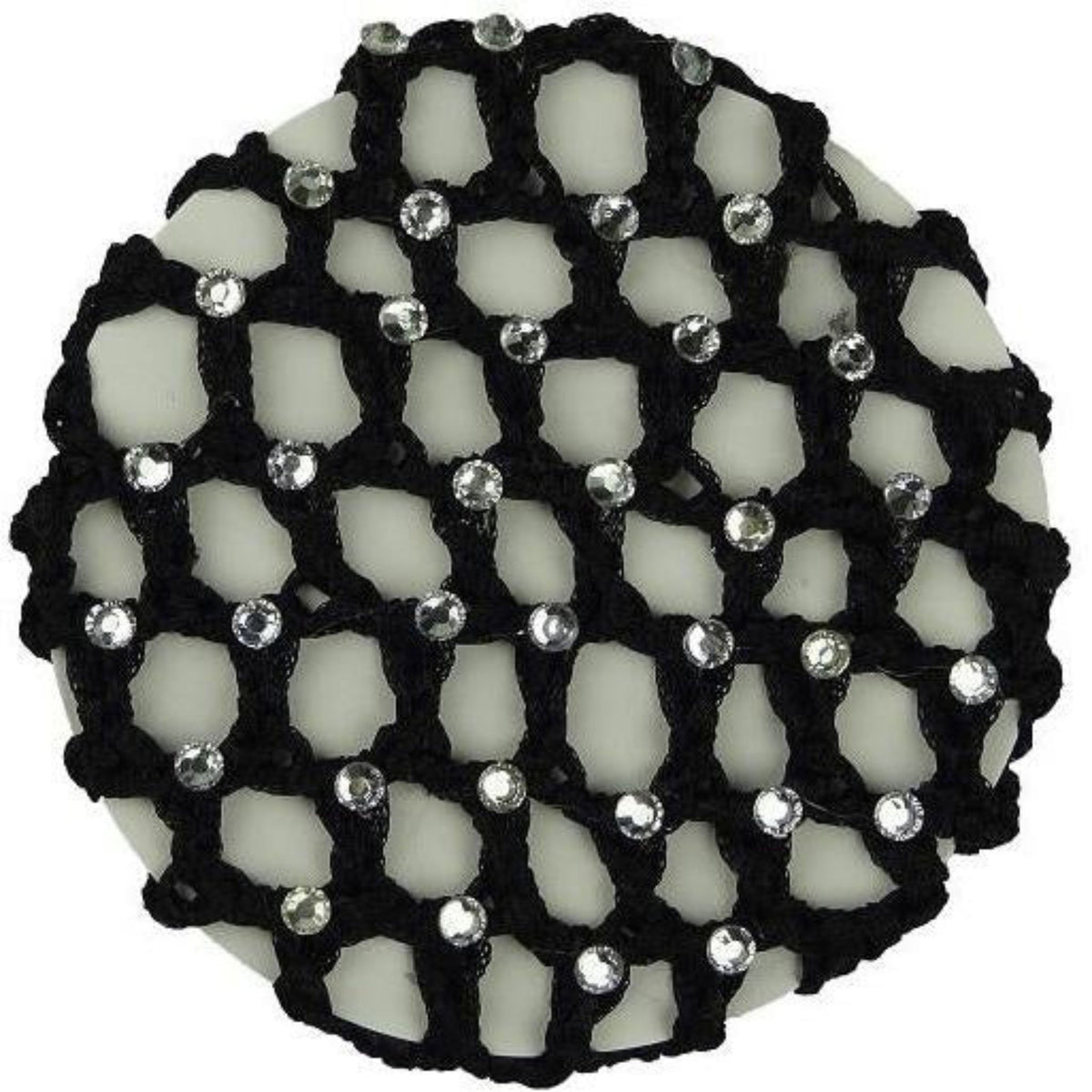 Black Hair net With Numerous Clear Diamantes, On Circular Piece Of Card.