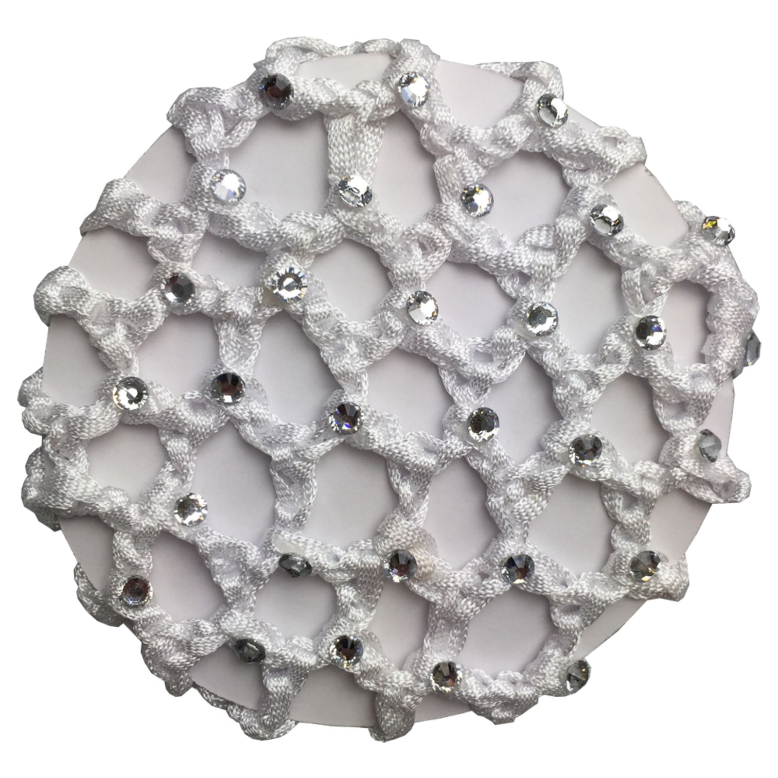 White Hair Net With Numerous Clear Diamantes, On Circular Piece Of Card.