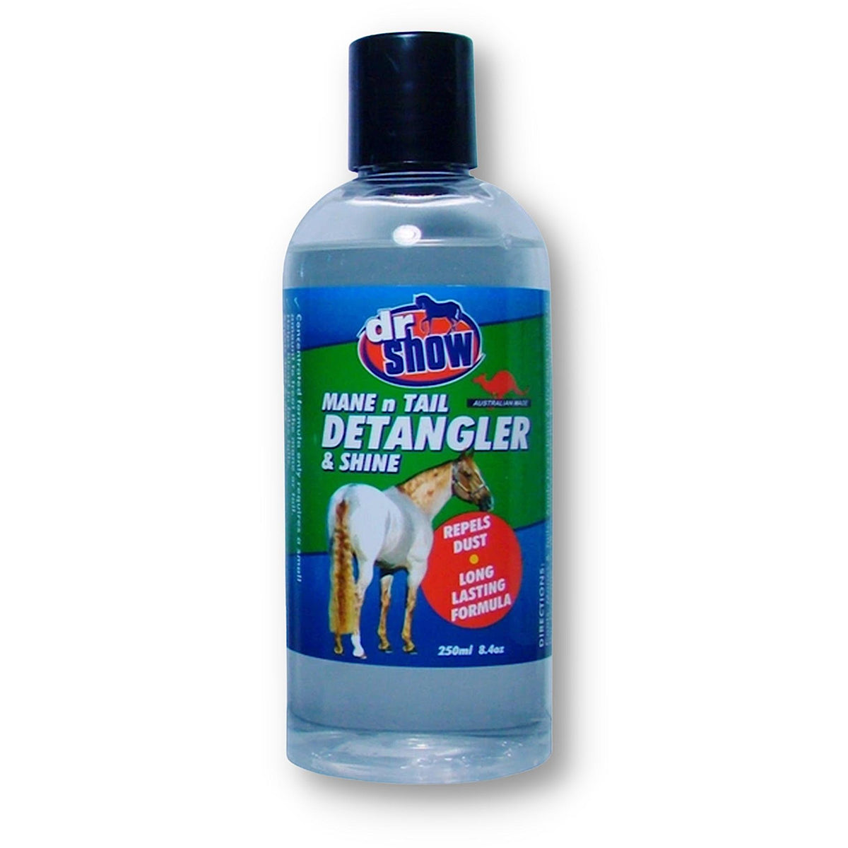Cylindrical transparent bottle of mane and tail detangler with label around middle.