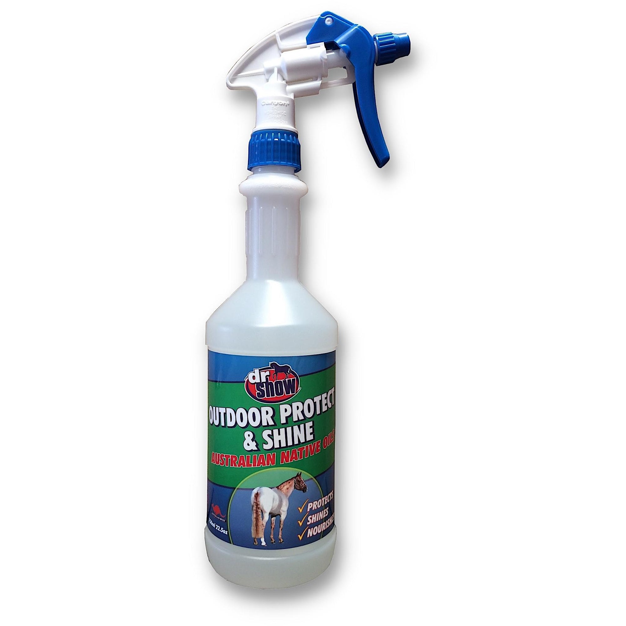 Dr show outdoor and protect in spray bottle with blue and green label.