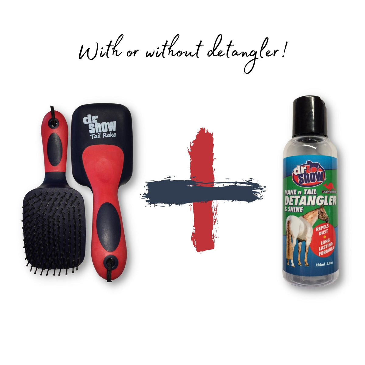 Tail brush and detangler bottle pictured with addition symbol between them.