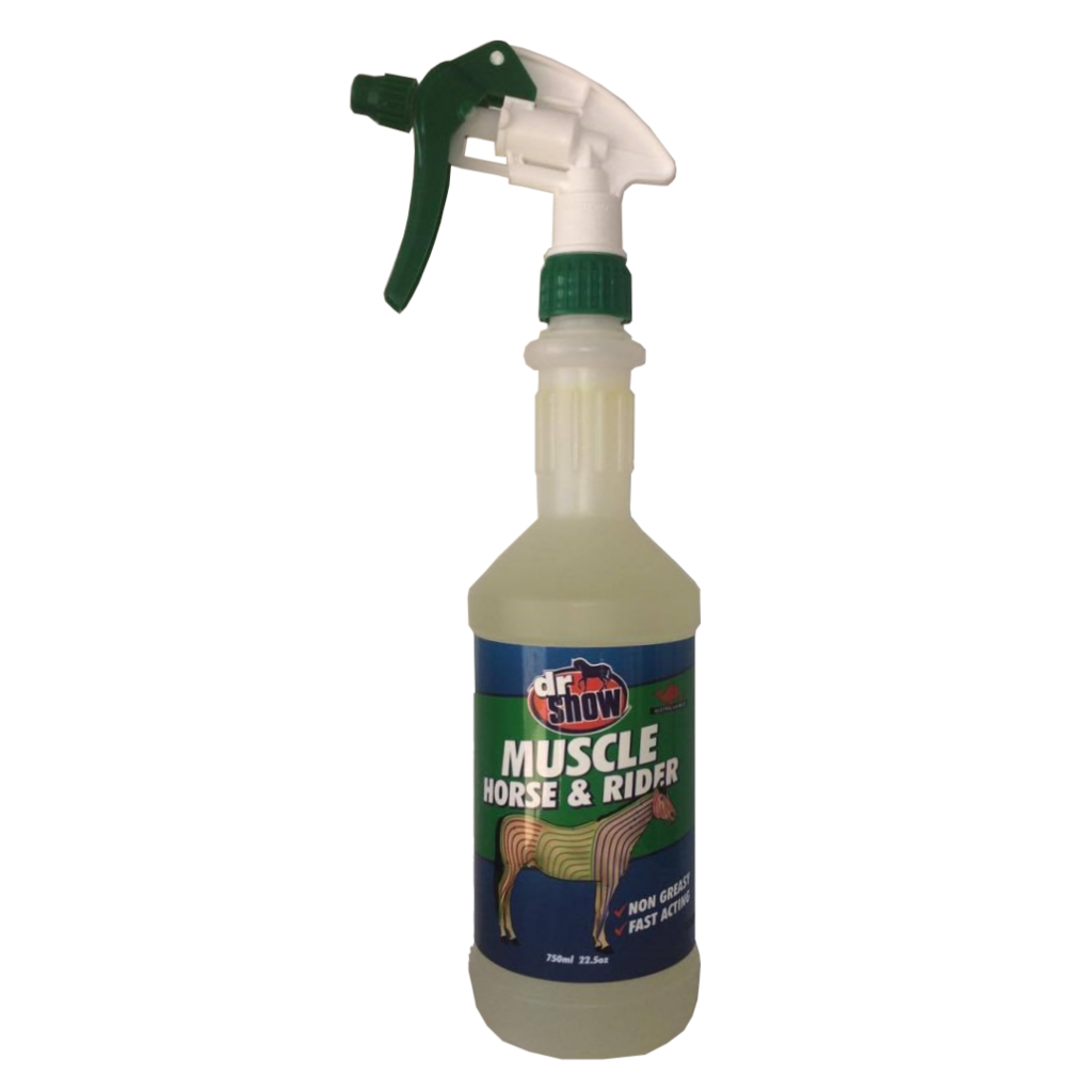 Spray bottle of &quot;Muscle&quot; with screw spray lid and label around middle.