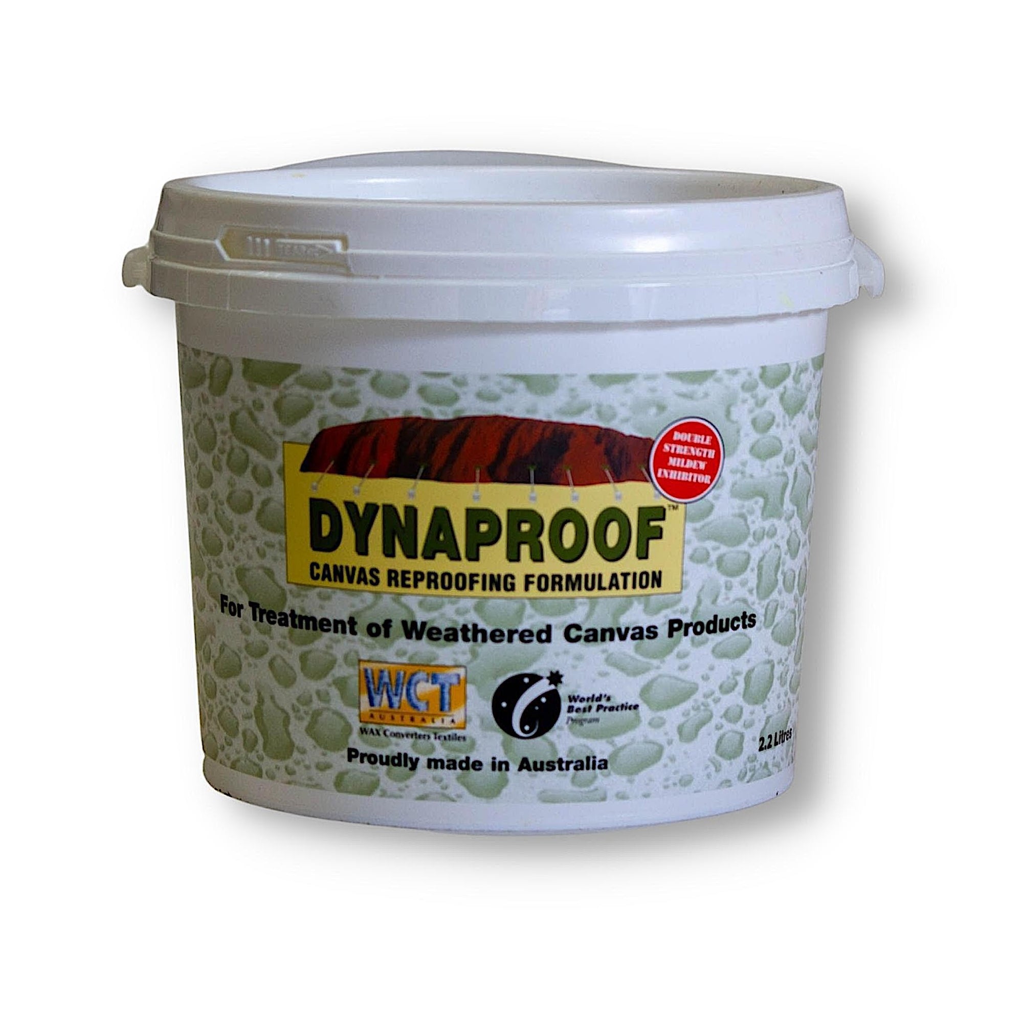 White bucket of "Dynaproof" with sealed lid and large label.