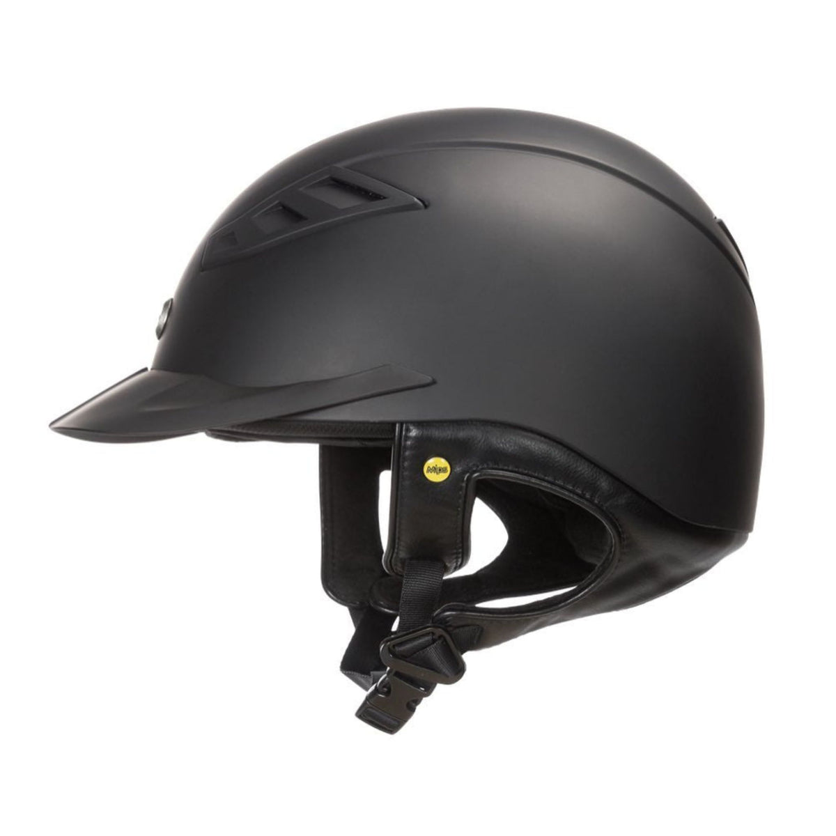 Black helmet with a smooth top and leather ear straps.