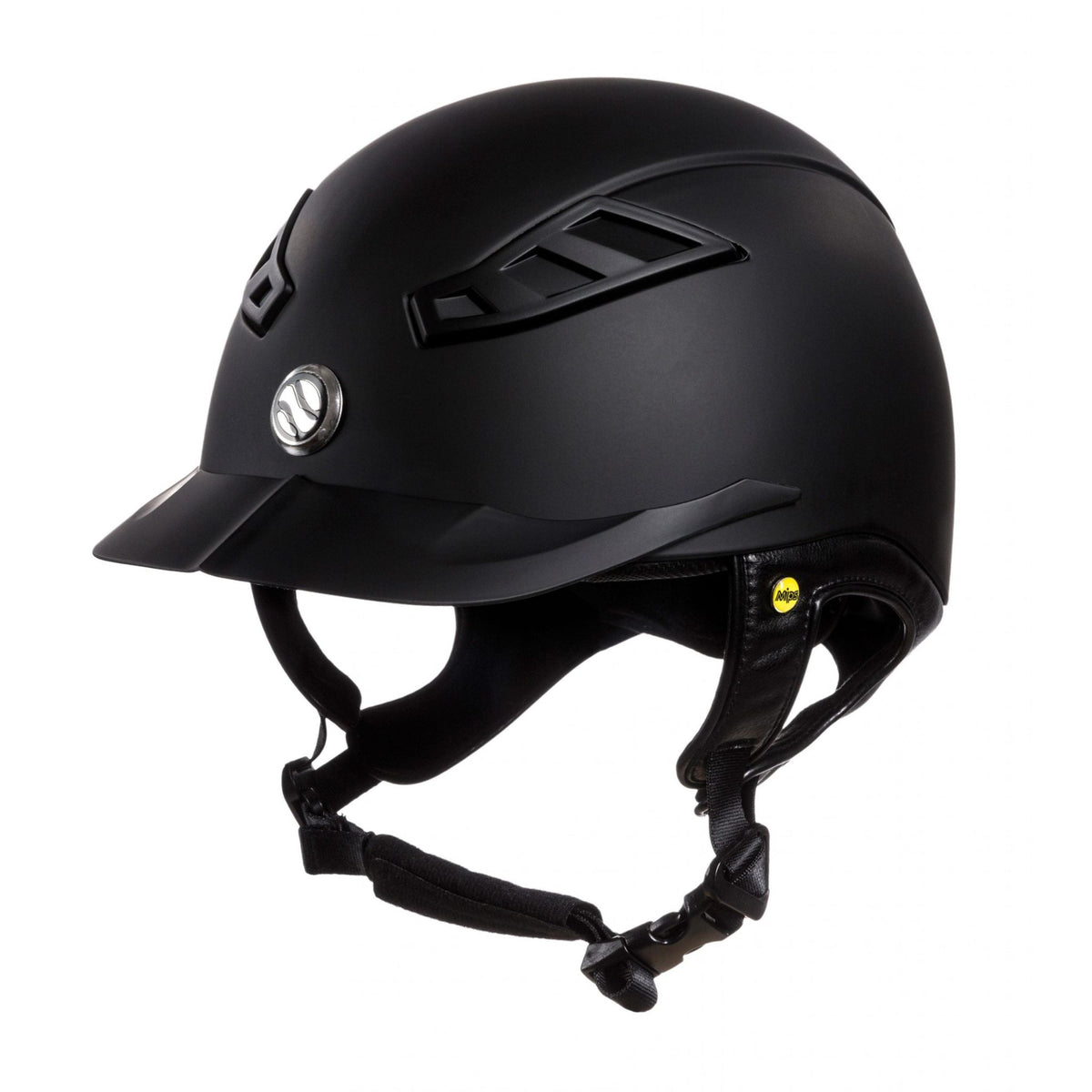 Black helmet with leather ear straps and durable plastic brim.