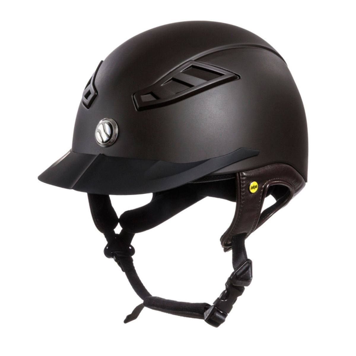 Brown helmet with leather ear straps and durable plastic brim.