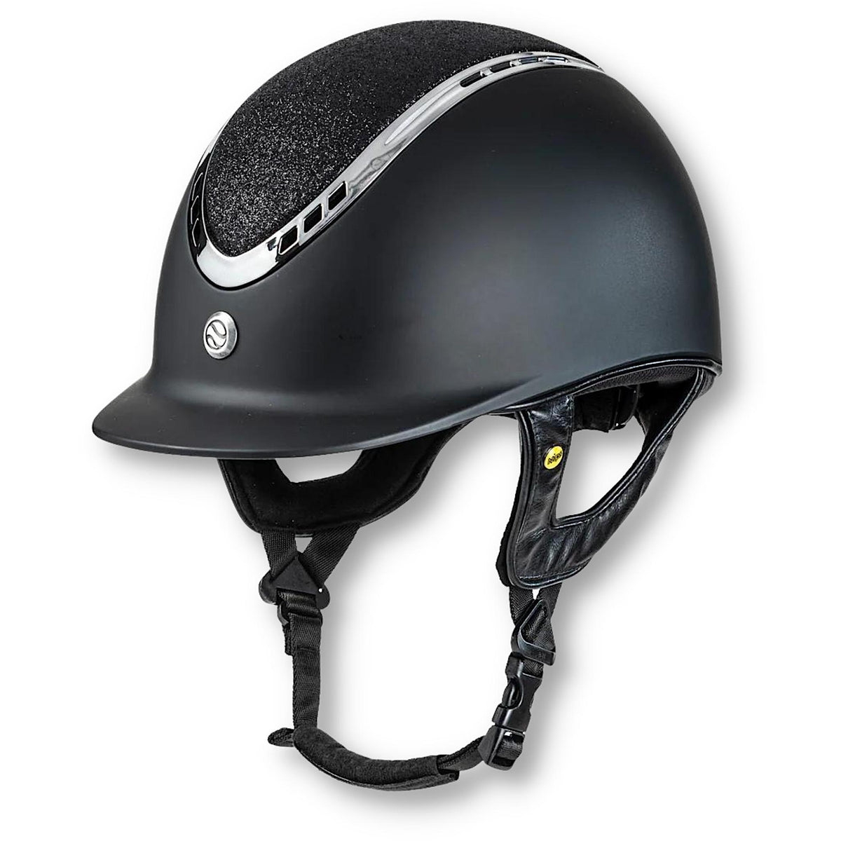 Smooth finish black helmet with black glitter on top and silver details.