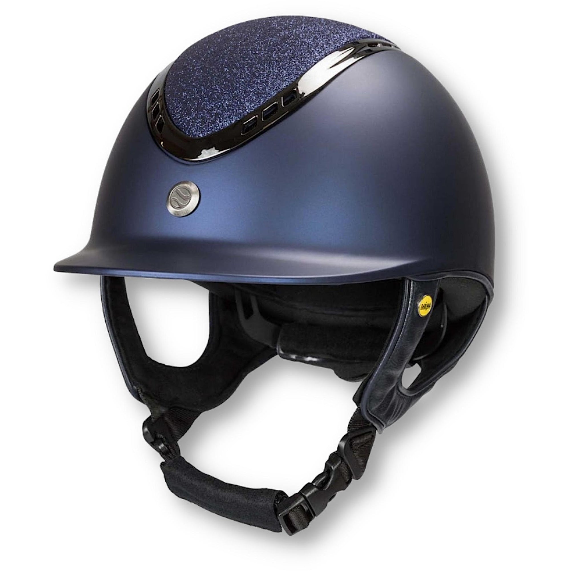 Smooth finish navy helmet with navy glitter on top and black details.