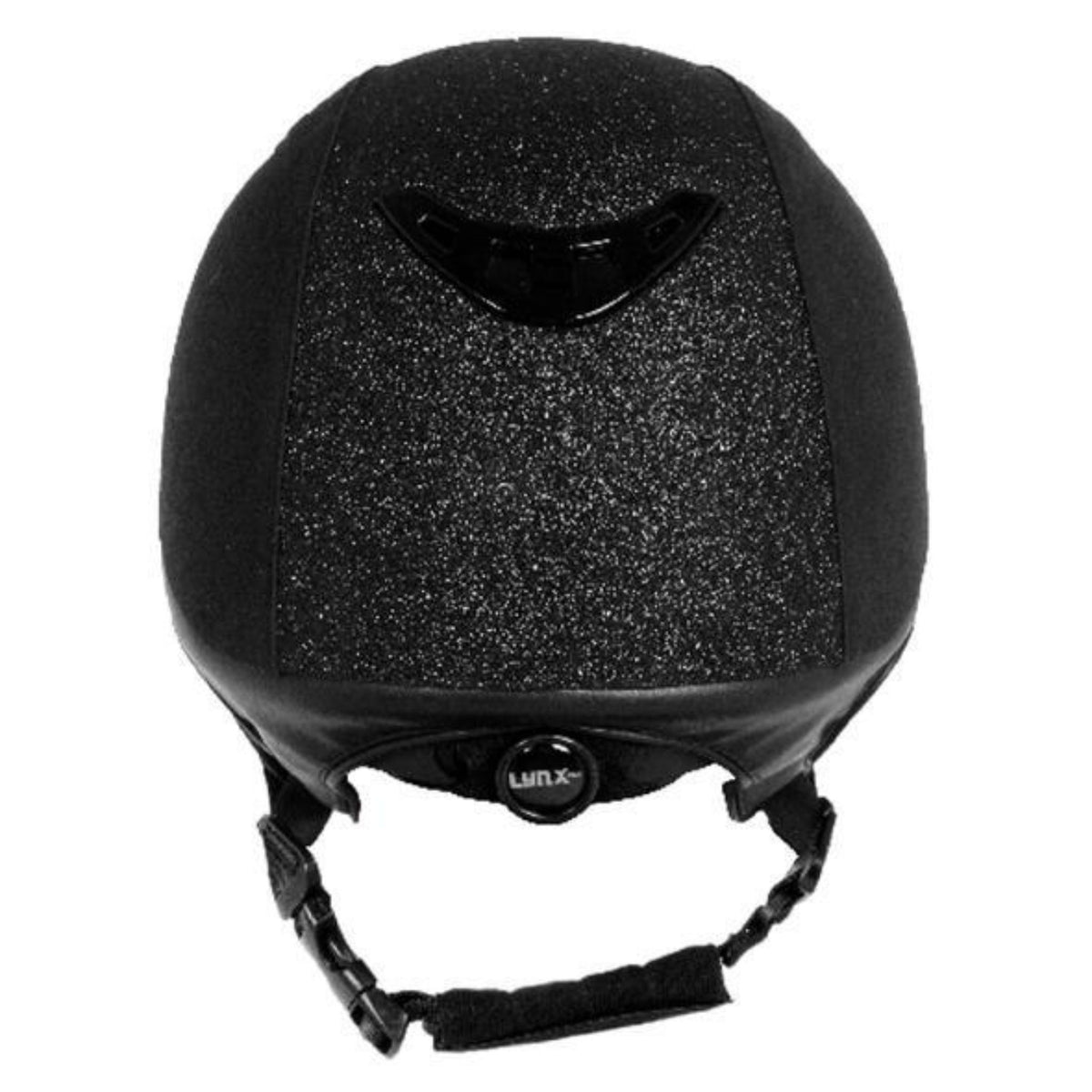 Back of black microfiber helmet with large glittery textured section.